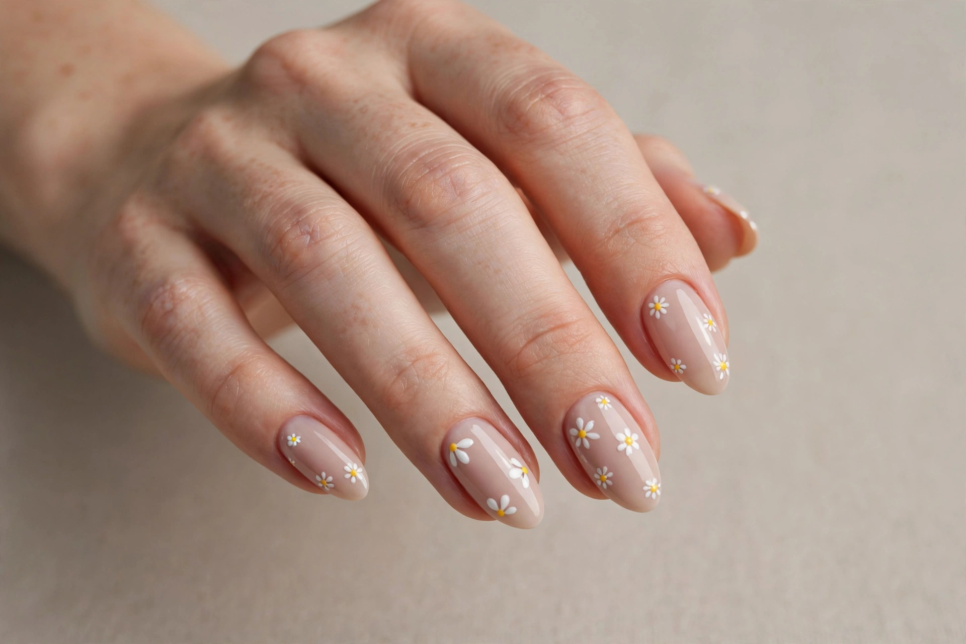 White daisy flower nail art with yellow centers over a nude base