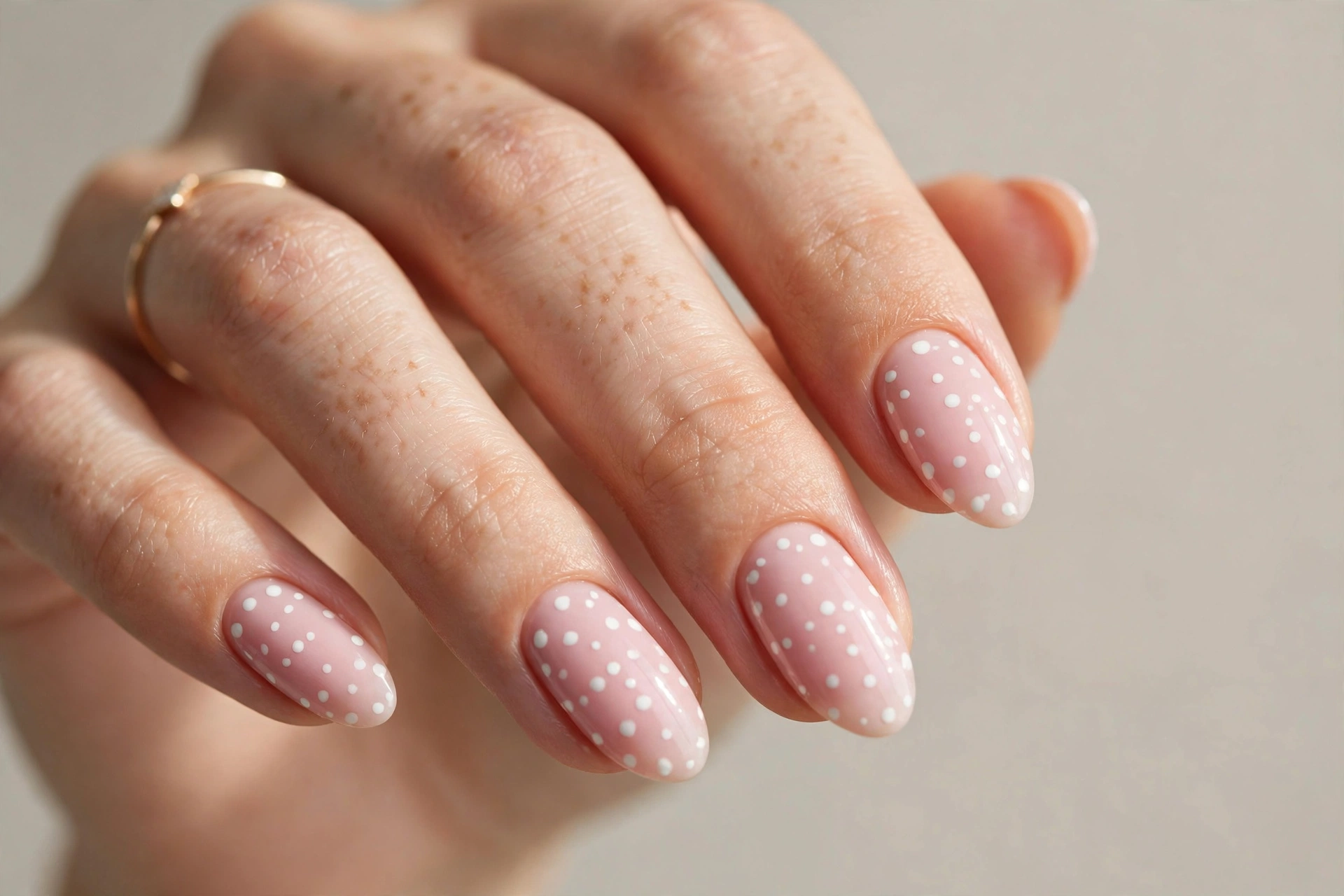Playful white polka dot nail art scattered over a soft pink base