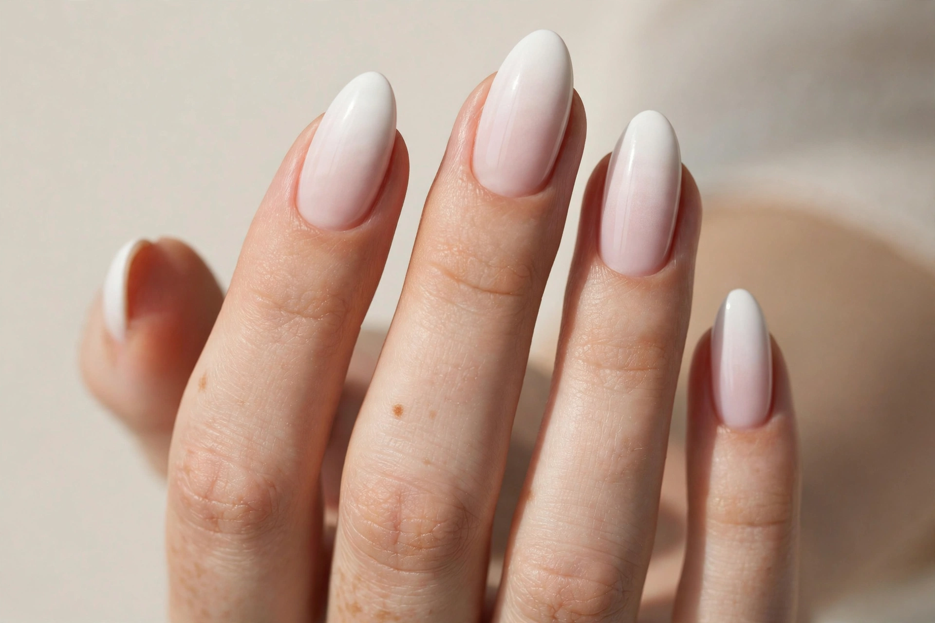 White ombre gradient nails fading from white tips to a pink base