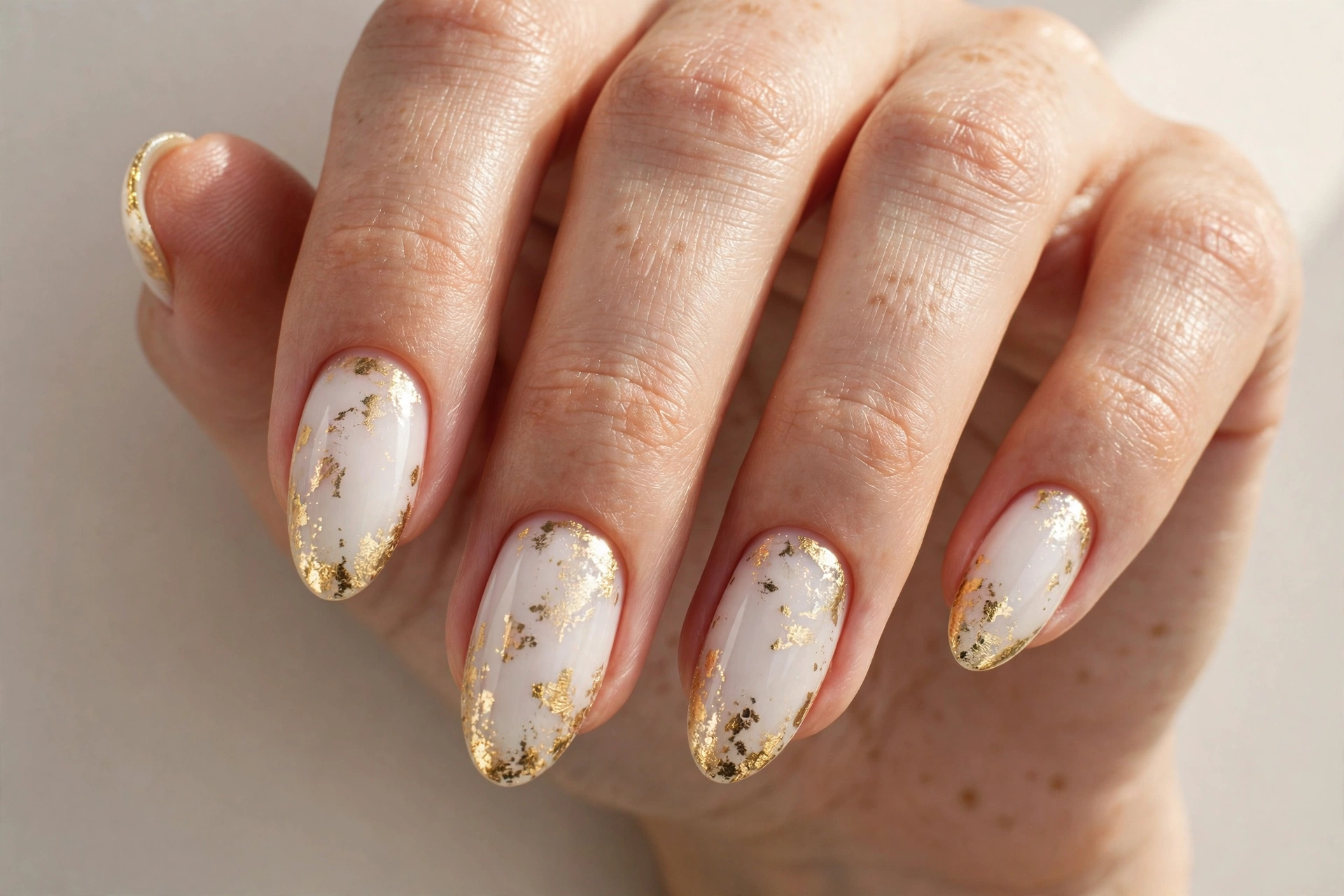 White nails decorated with shimmering gold foil flakes