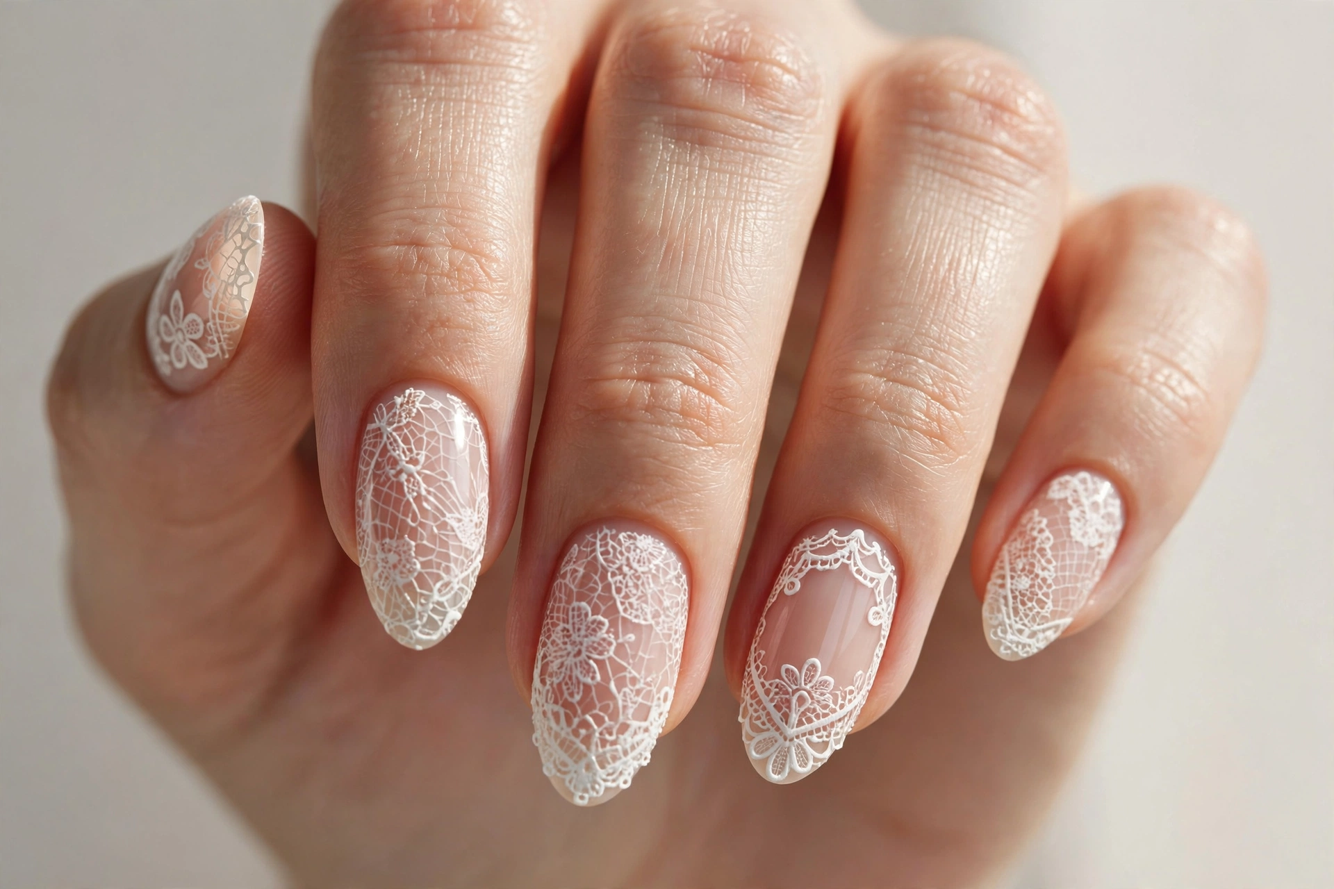 Intricate white lace nail art over a sheer nude base