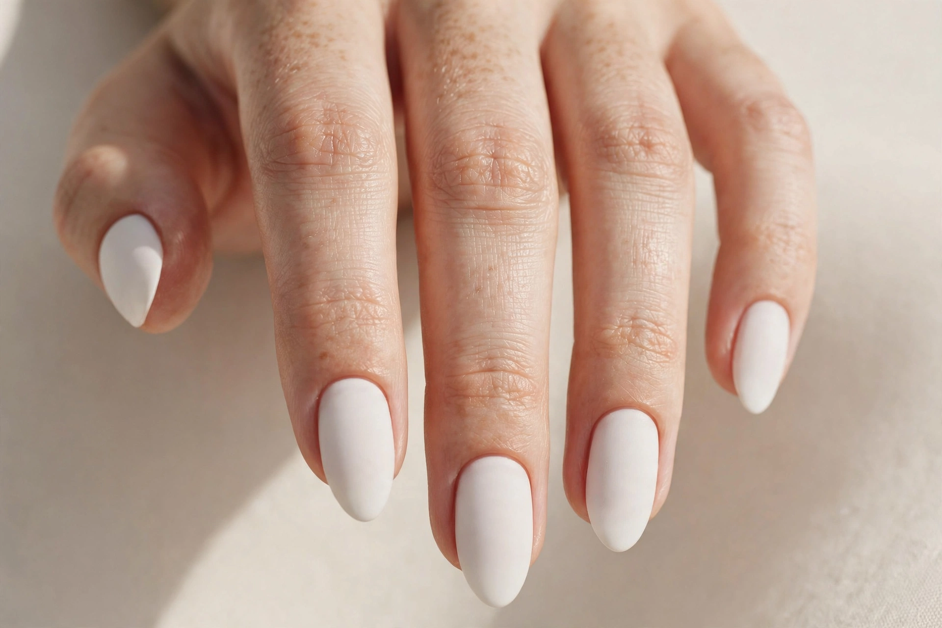 Soft matte white nails with a velvety non-shiny finish