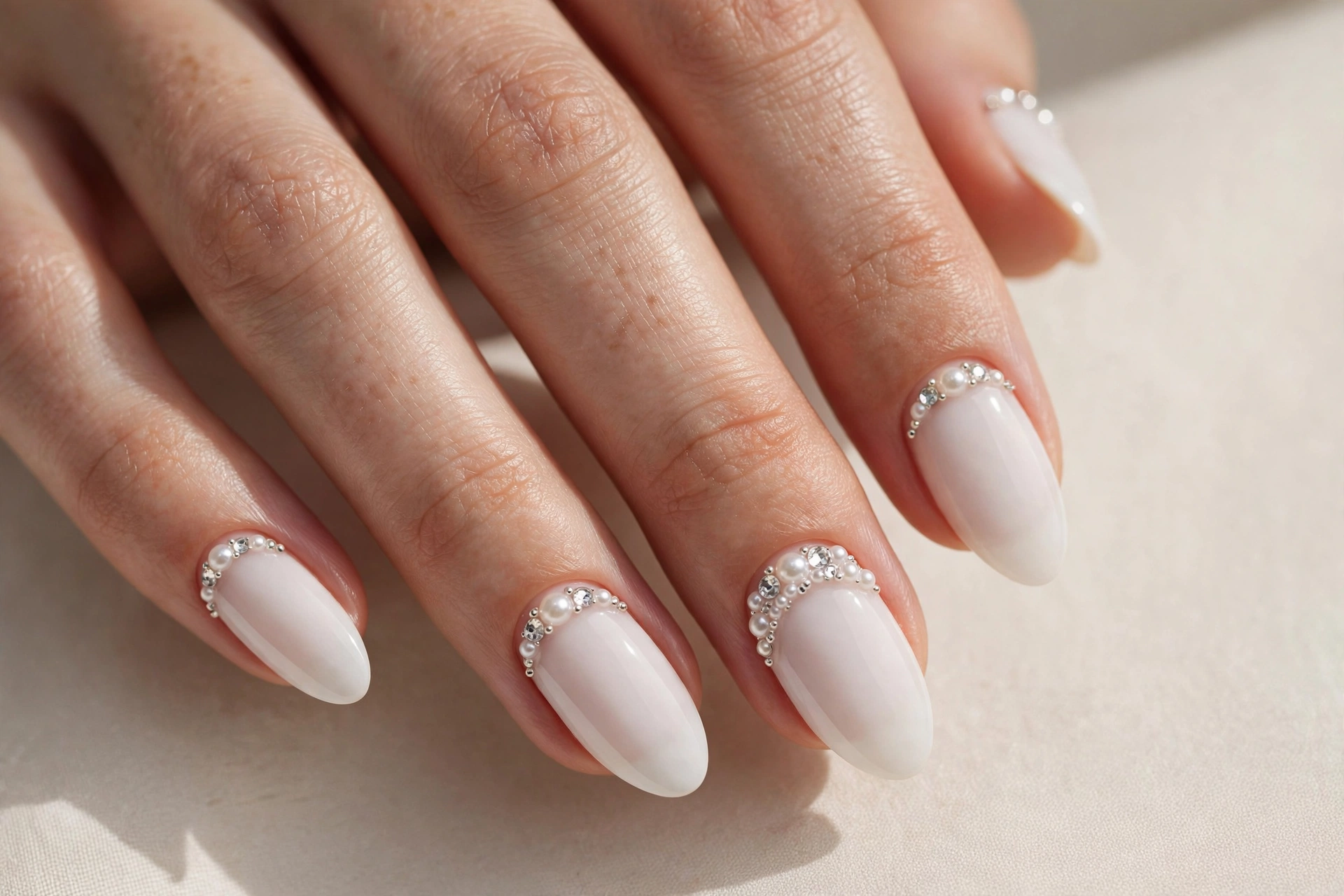 White nails embellished with tiny pearl beads near the cuticles