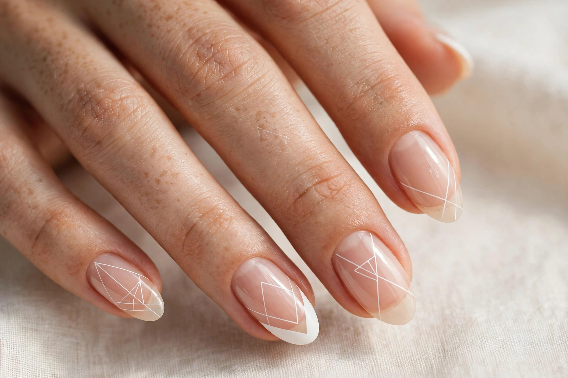 Minimalist white negative space nail art with thin geometric lines