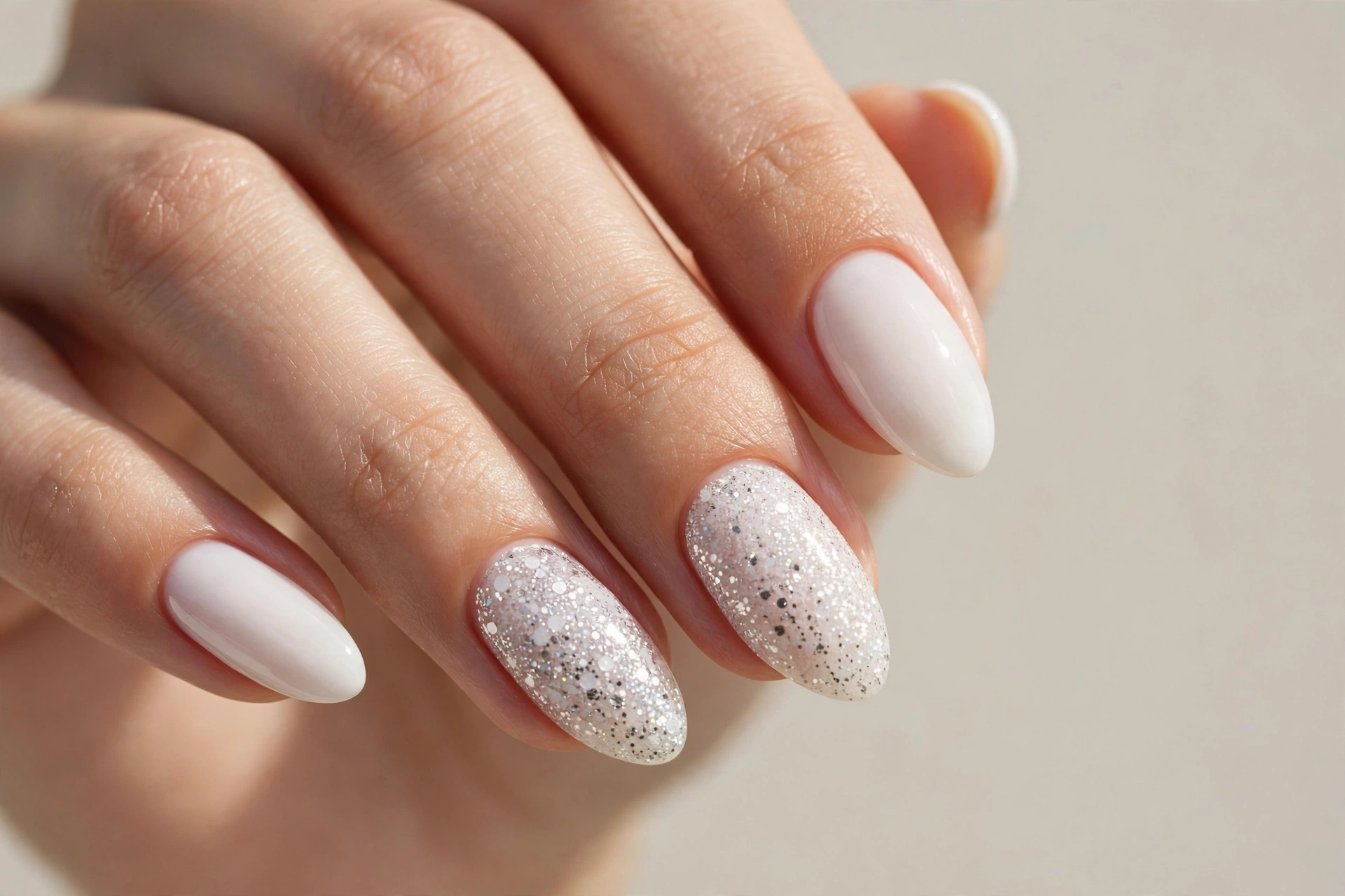 White glitter accent nails with fine silver sparkle over milky white polish