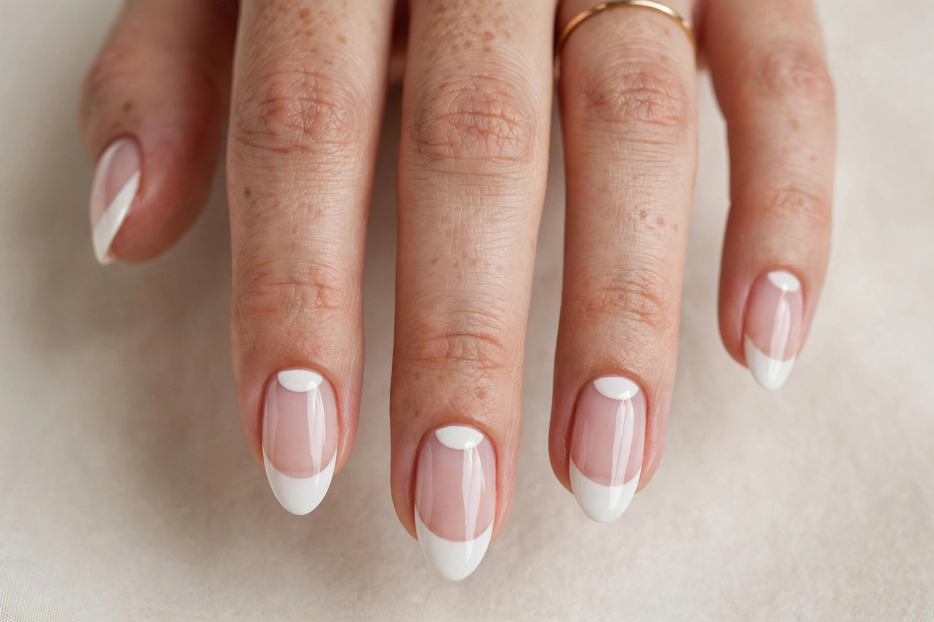 White half-moon nail art with white crescents over a sheer pink base