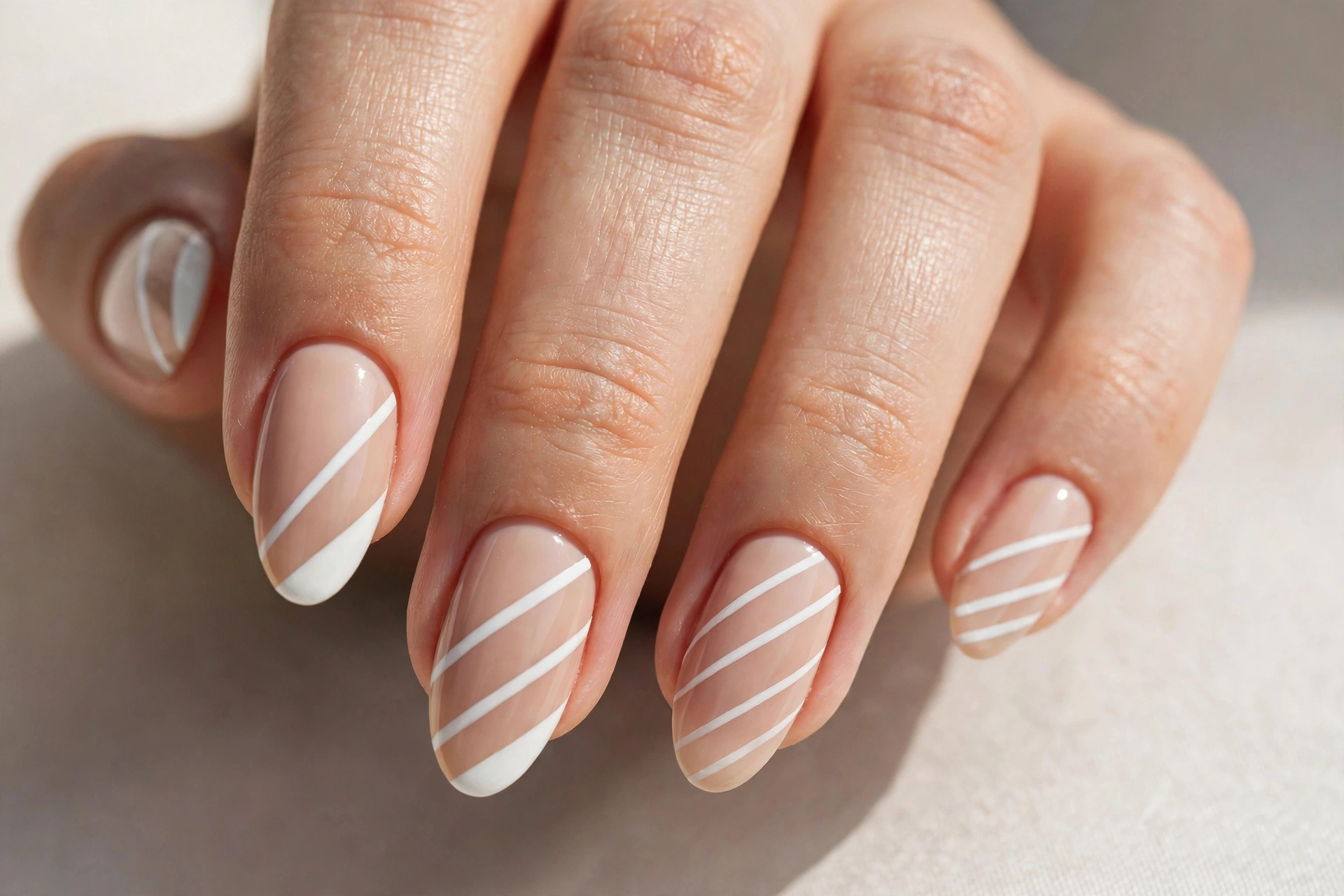 White geometric stripe nail art with diagonal stripes over a nude base
