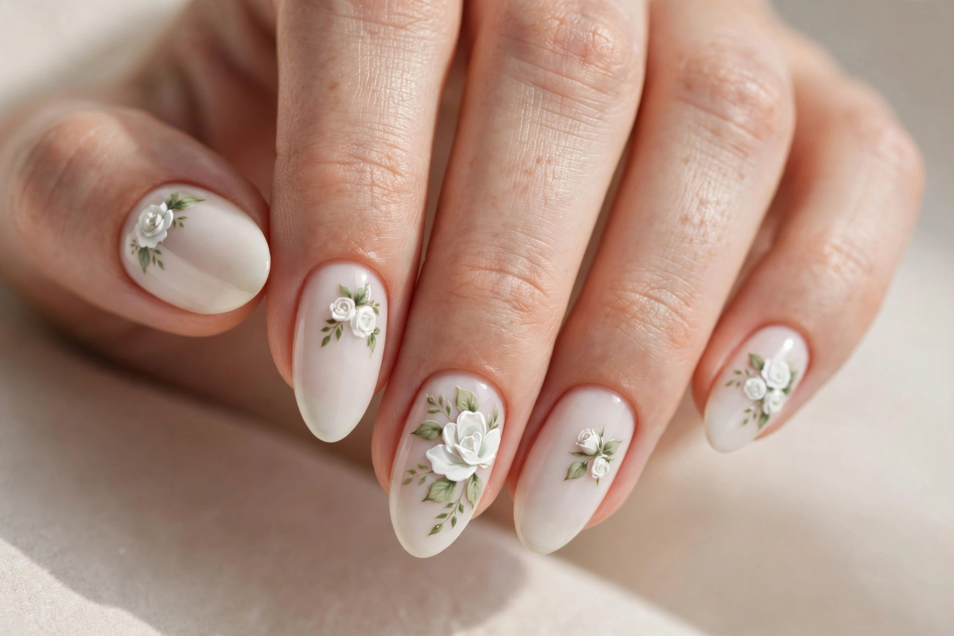 White rose floral nail art with hand-painted roses over a milky base