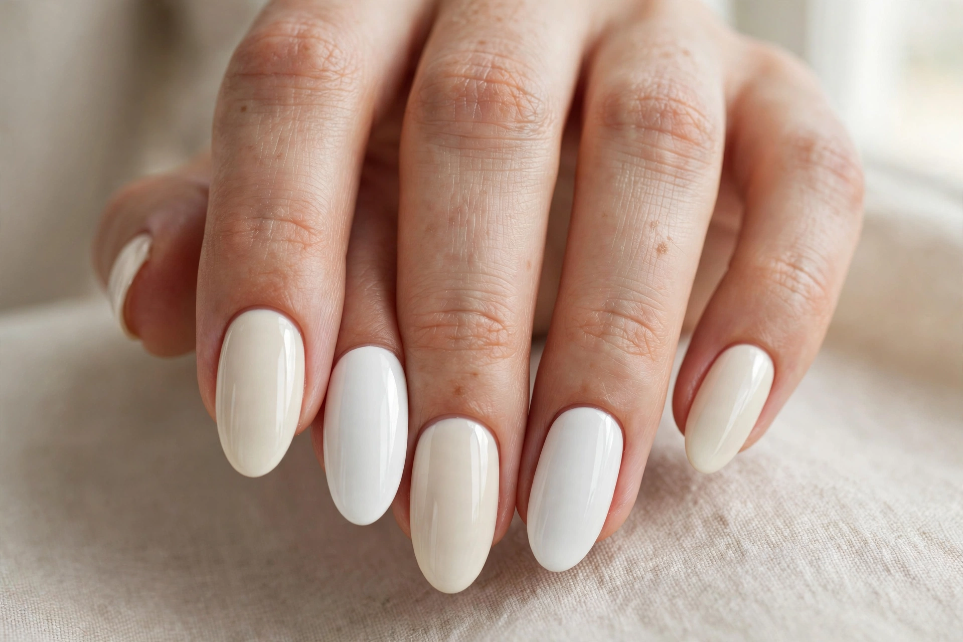 Layered ivory and white tonal nails alternating cream and white shades