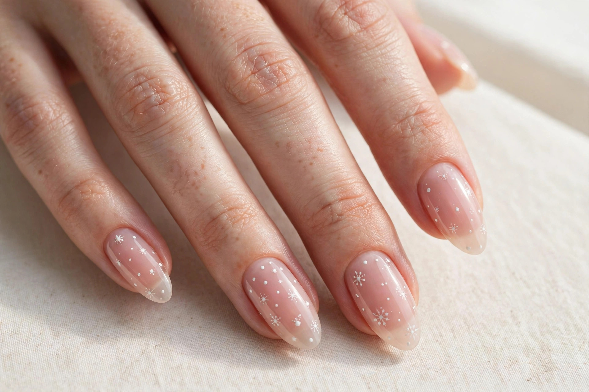 Almond nails with sheer blush polish and tiny white snow dots scattered on each nail