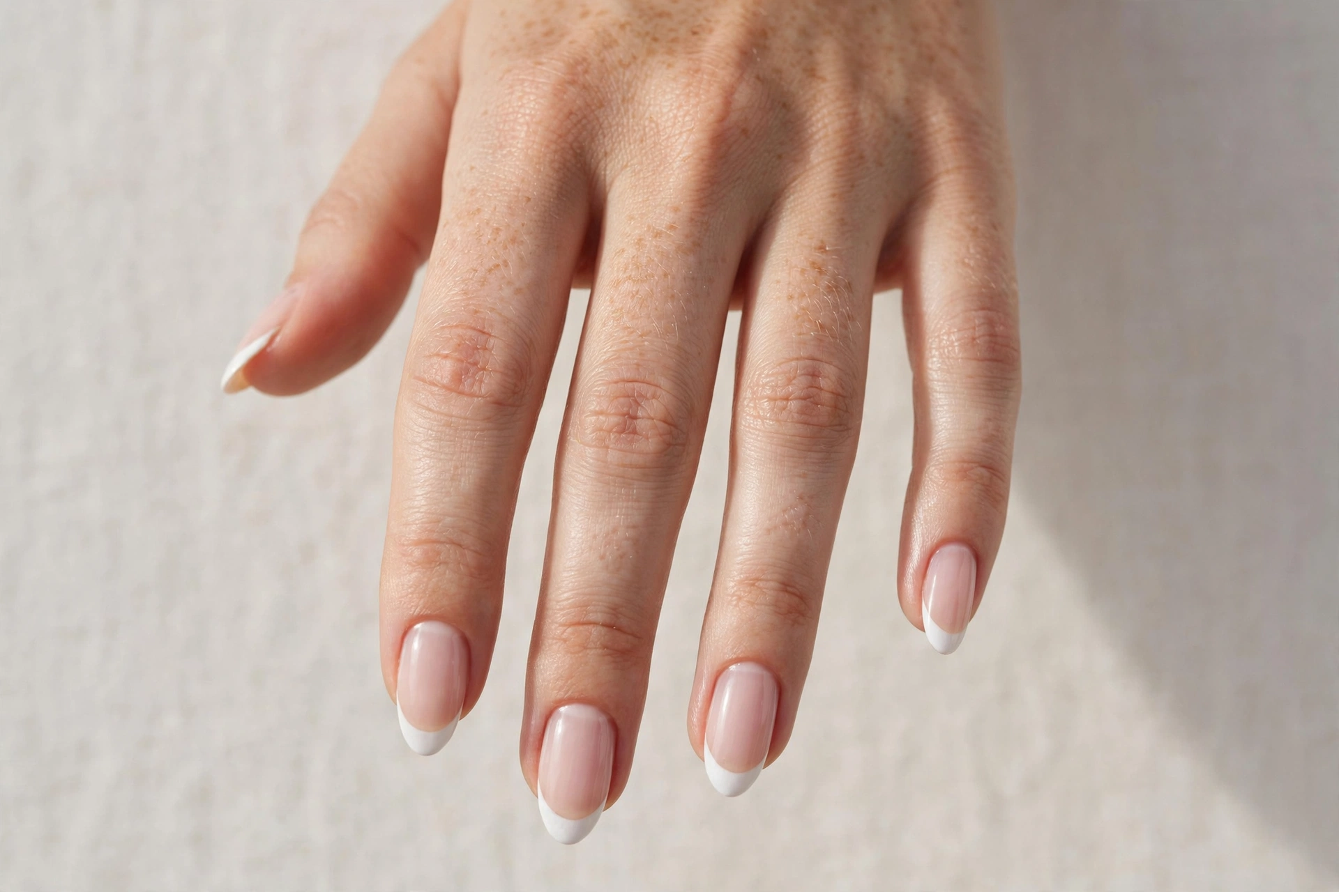 Classic French manicure with white tips on almond nails