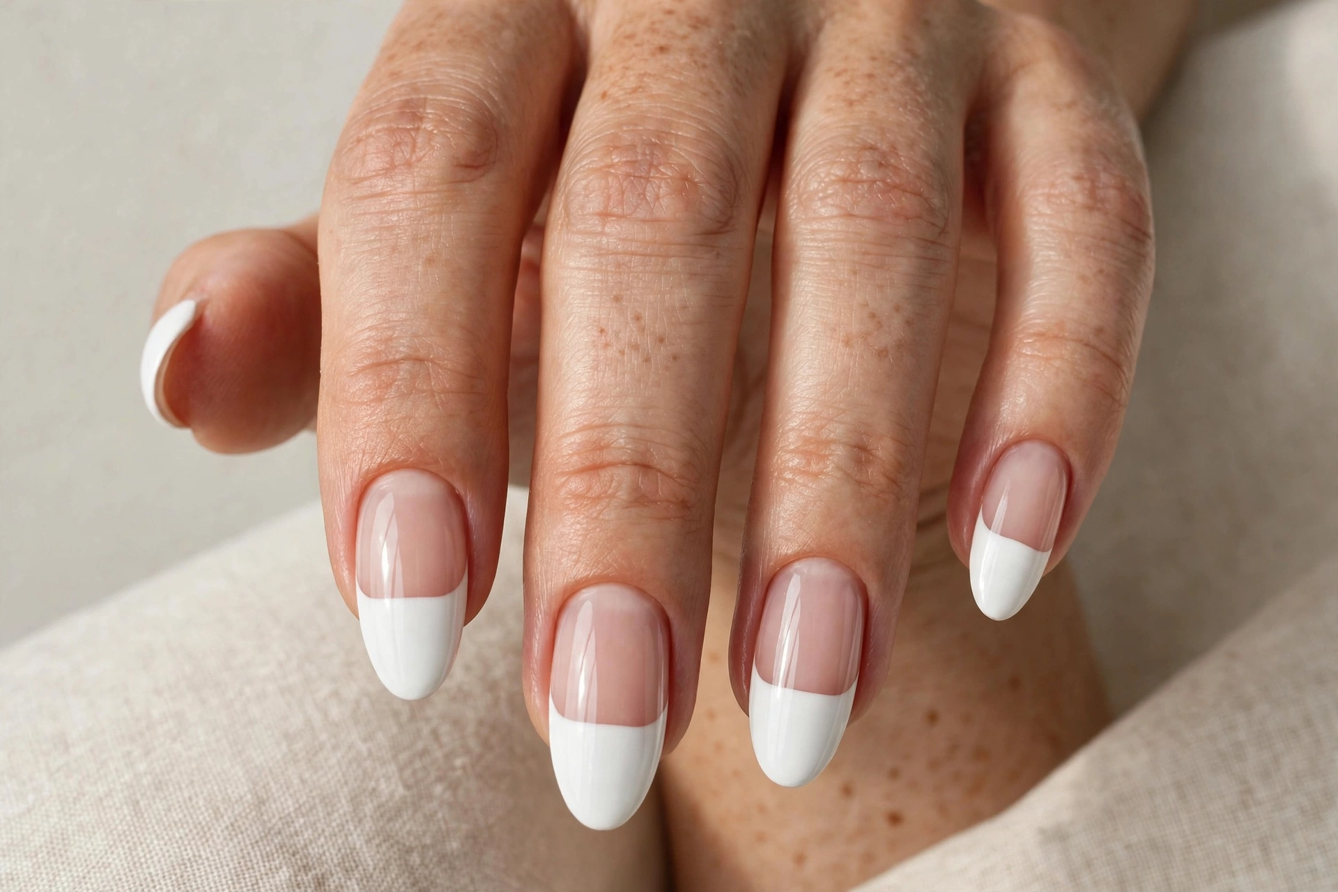 Modern thick white tips on almond shaped nails