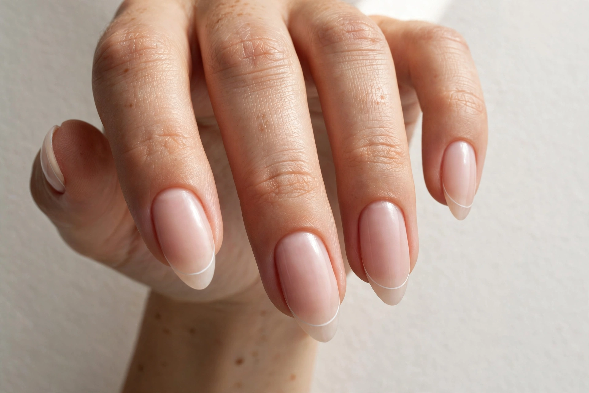 Micro thin white tips on delicate almond nails