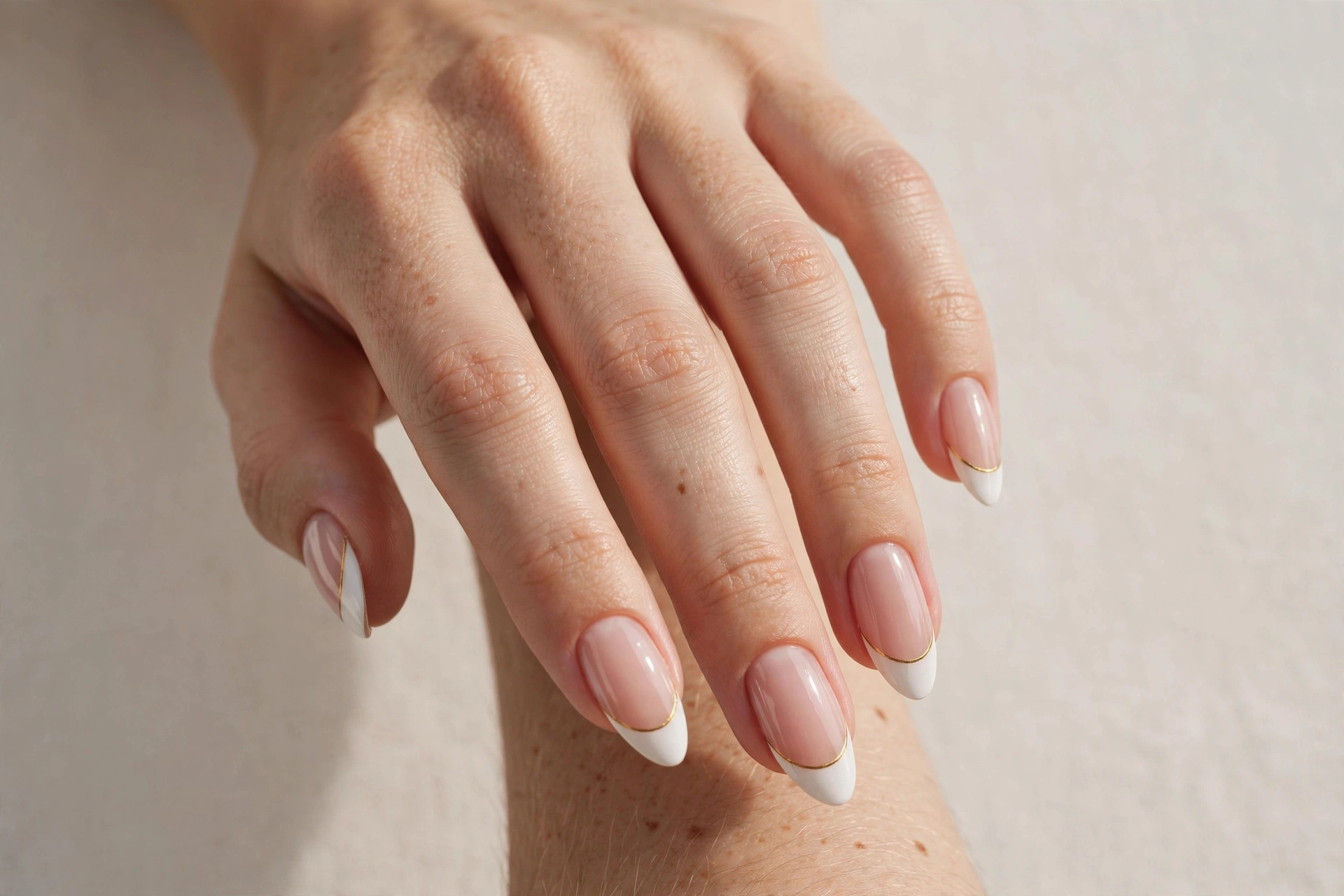 White tip manicure with thin gold accent line