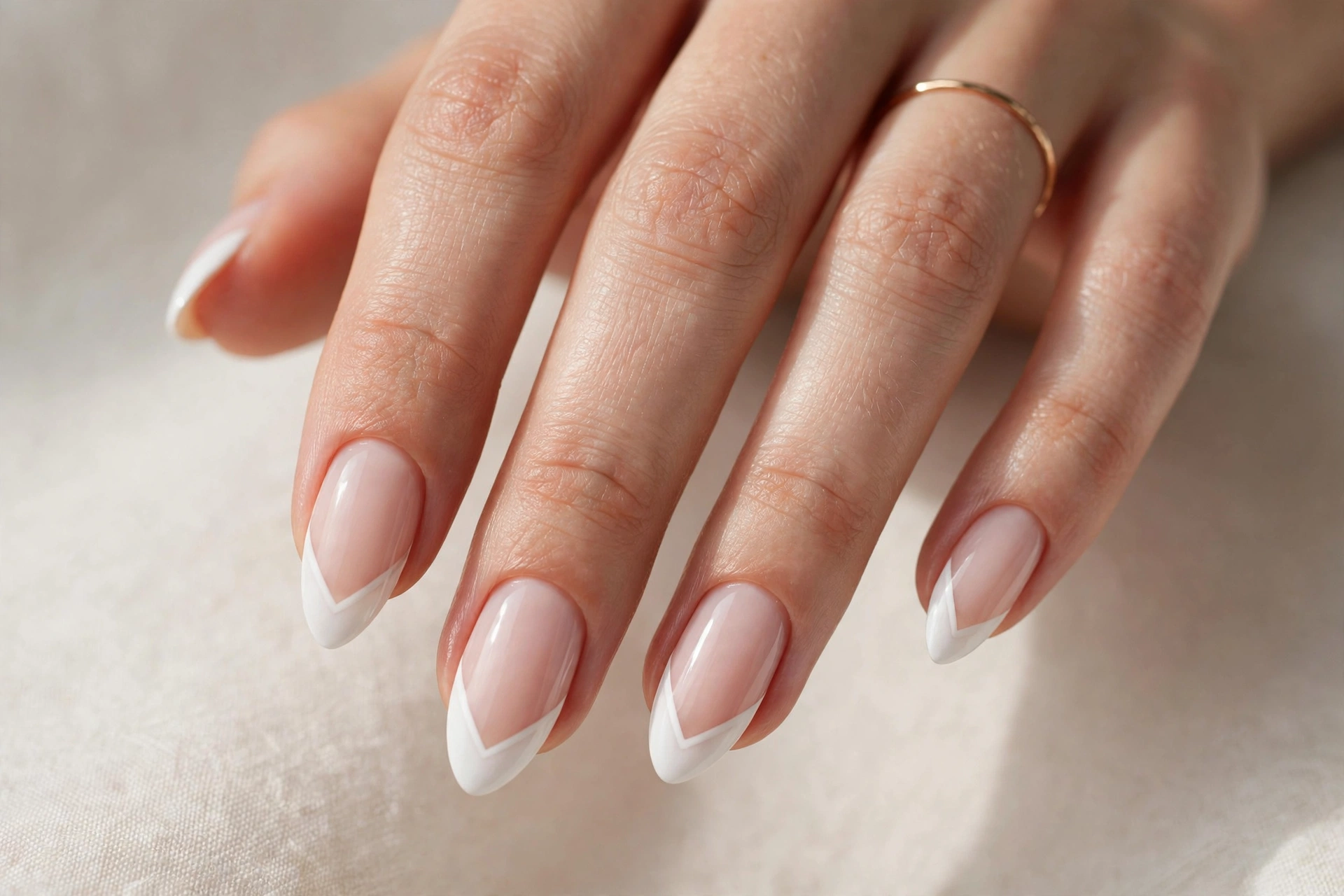 White chevron V-shaped tips on almond nails
