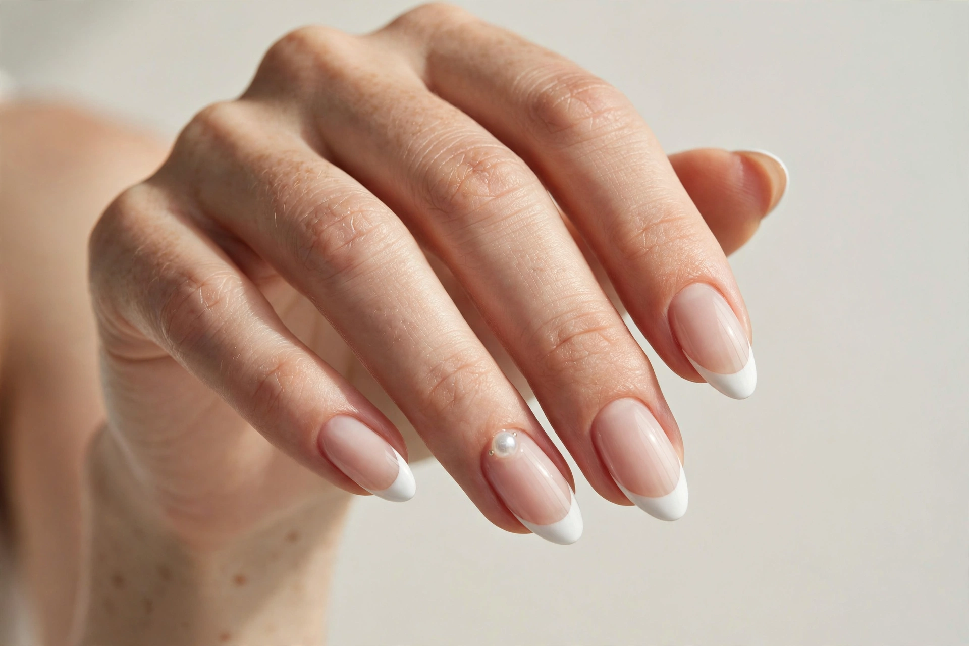White tip nails with pearl accent on ring finger