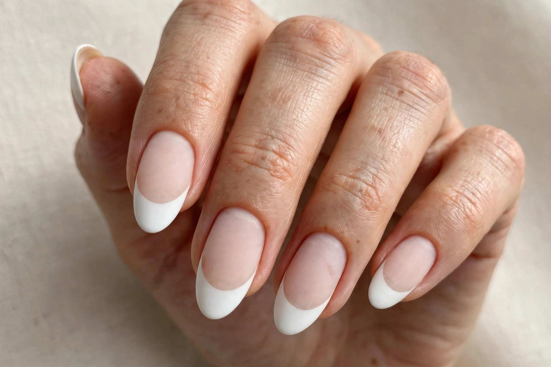 Matte white tip manicure with velvety finish