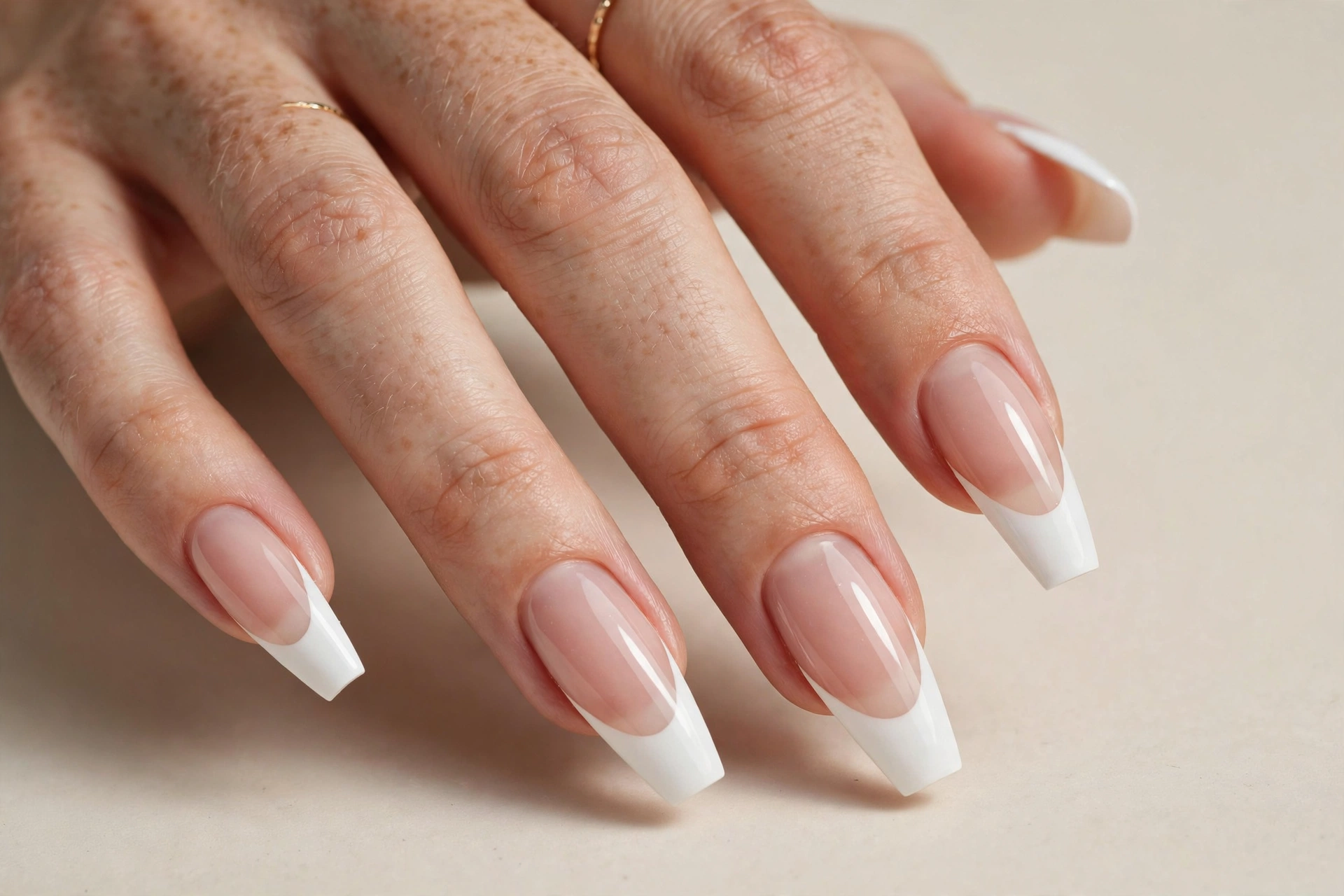 White tips on long coffin shaped nails