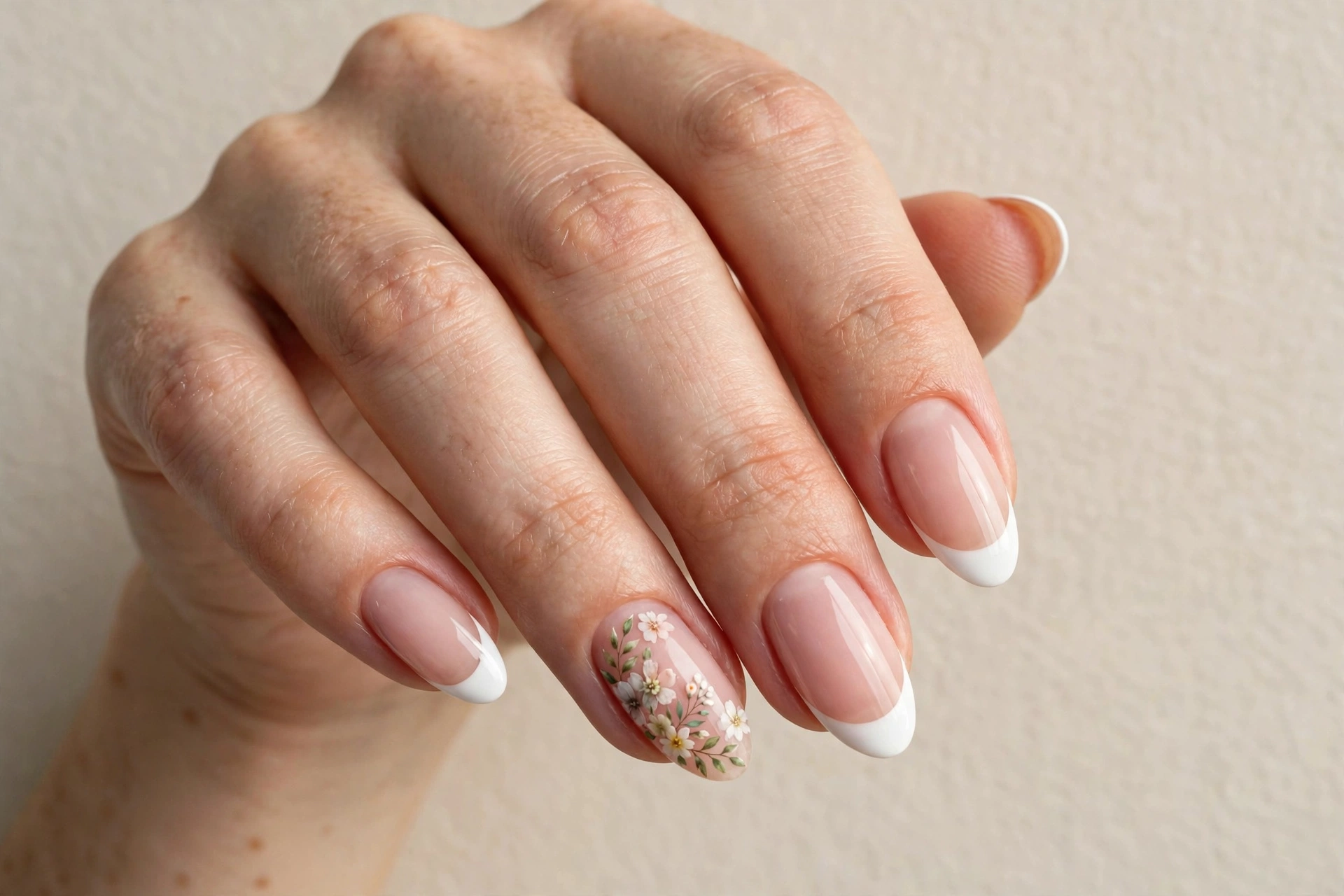 White tip manicure with delicate floral accent nail