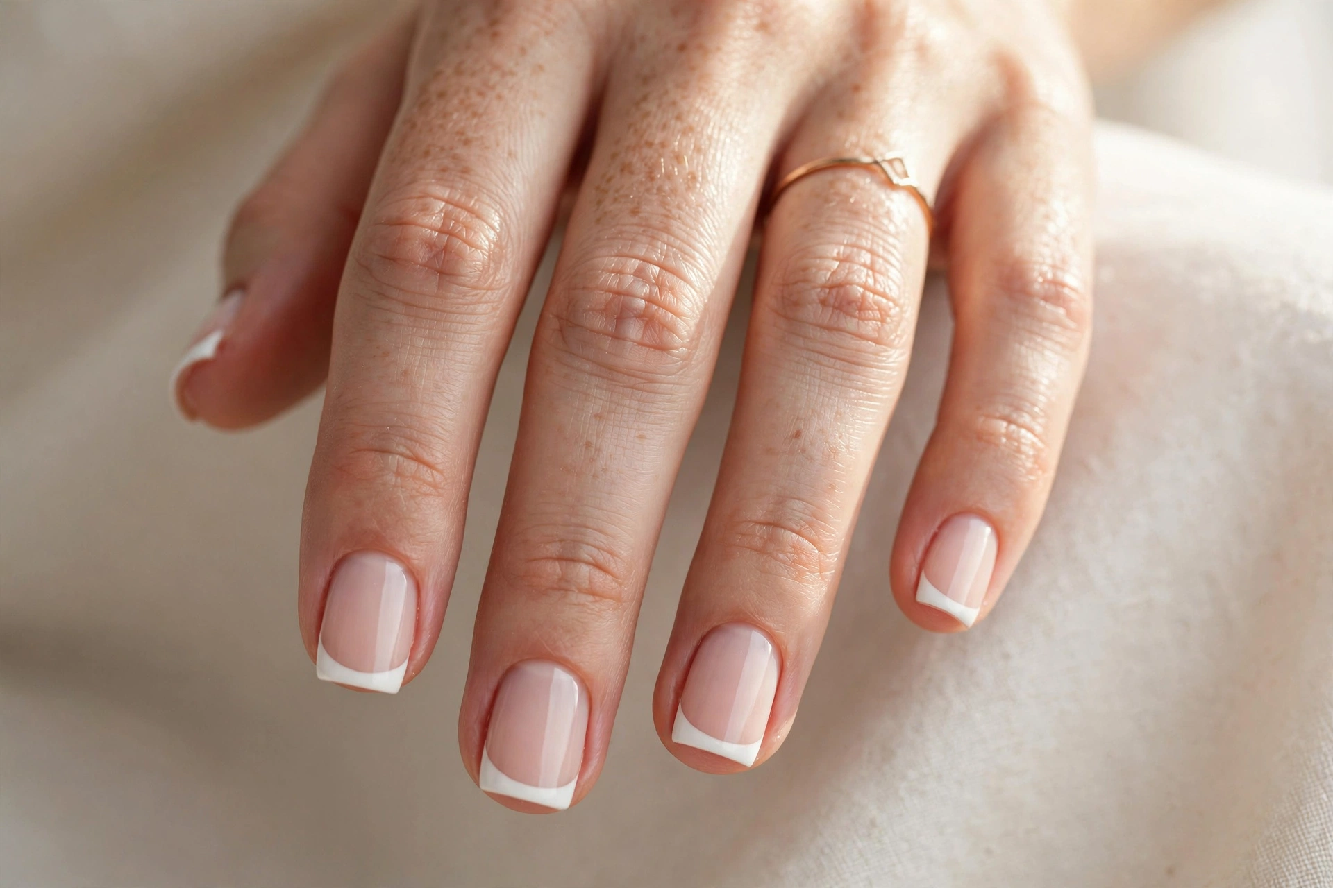 White tips on short square shaped nails