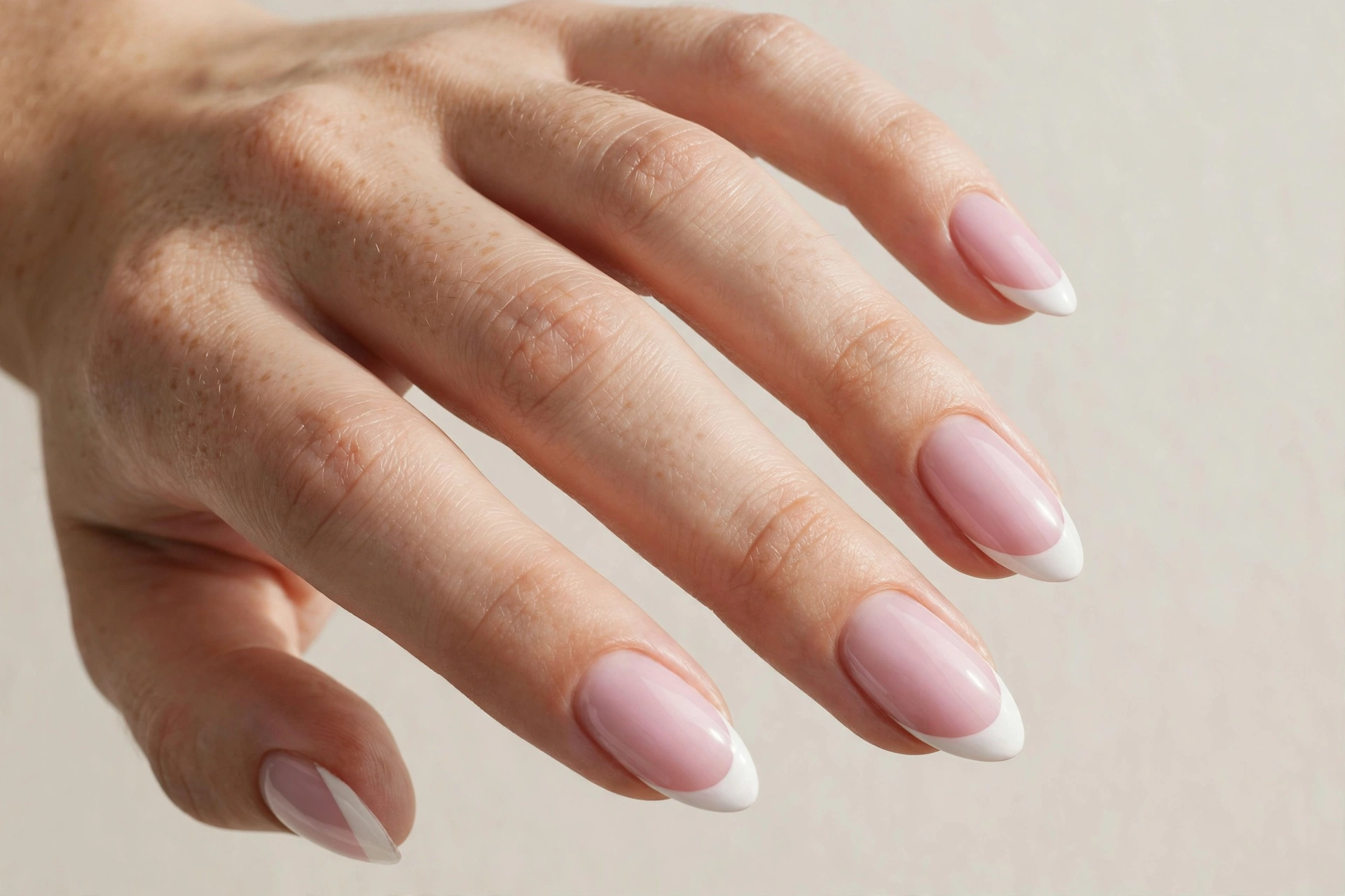 White tips on soft pastel pink base nails