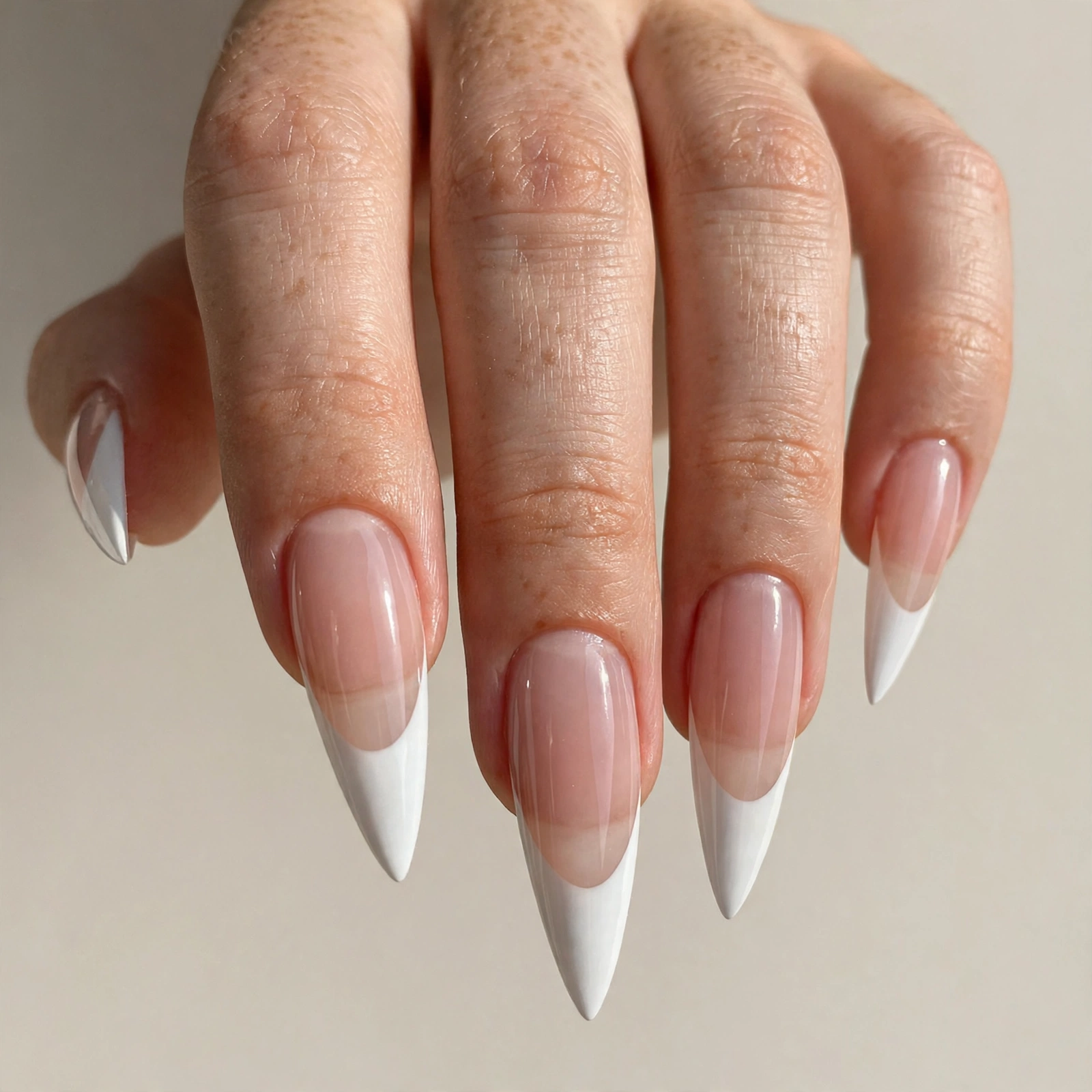 White tips on long stiletto shaped nails