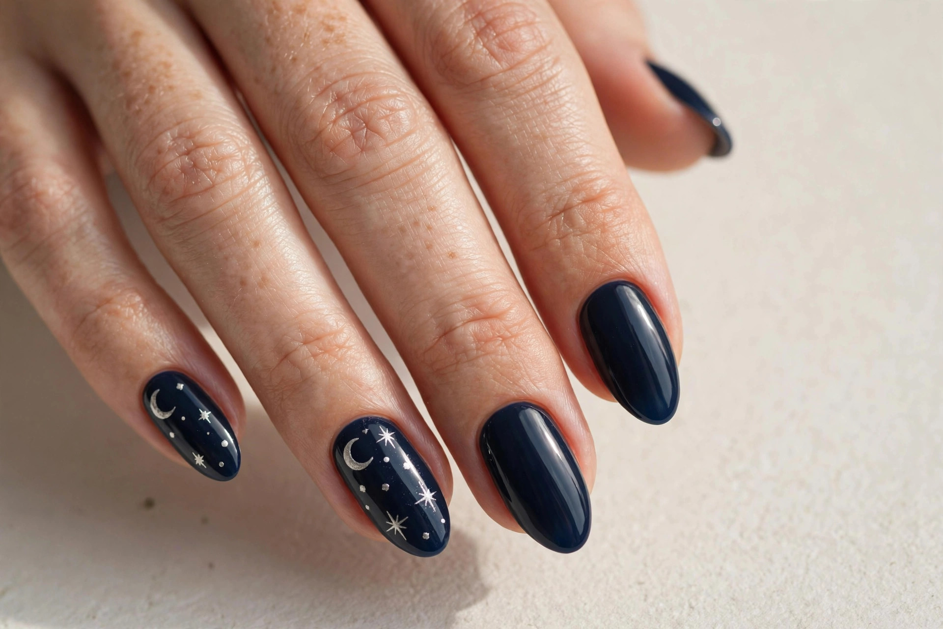 Almond nails with midnight navy polish and tiny silver moon and stars accents