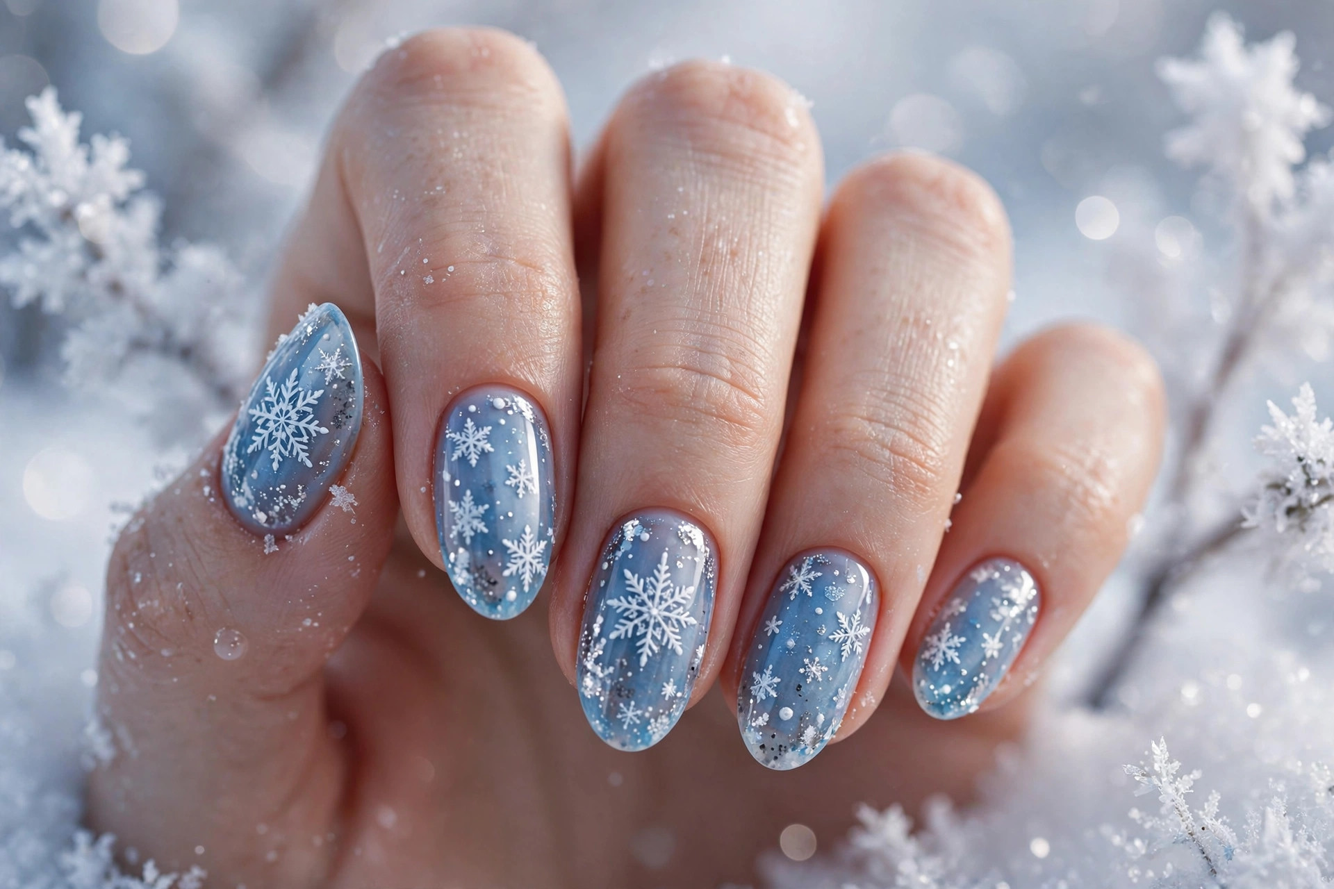 Frosted snowflake nail art with white hand-painted snowflakes on sheer icy blue