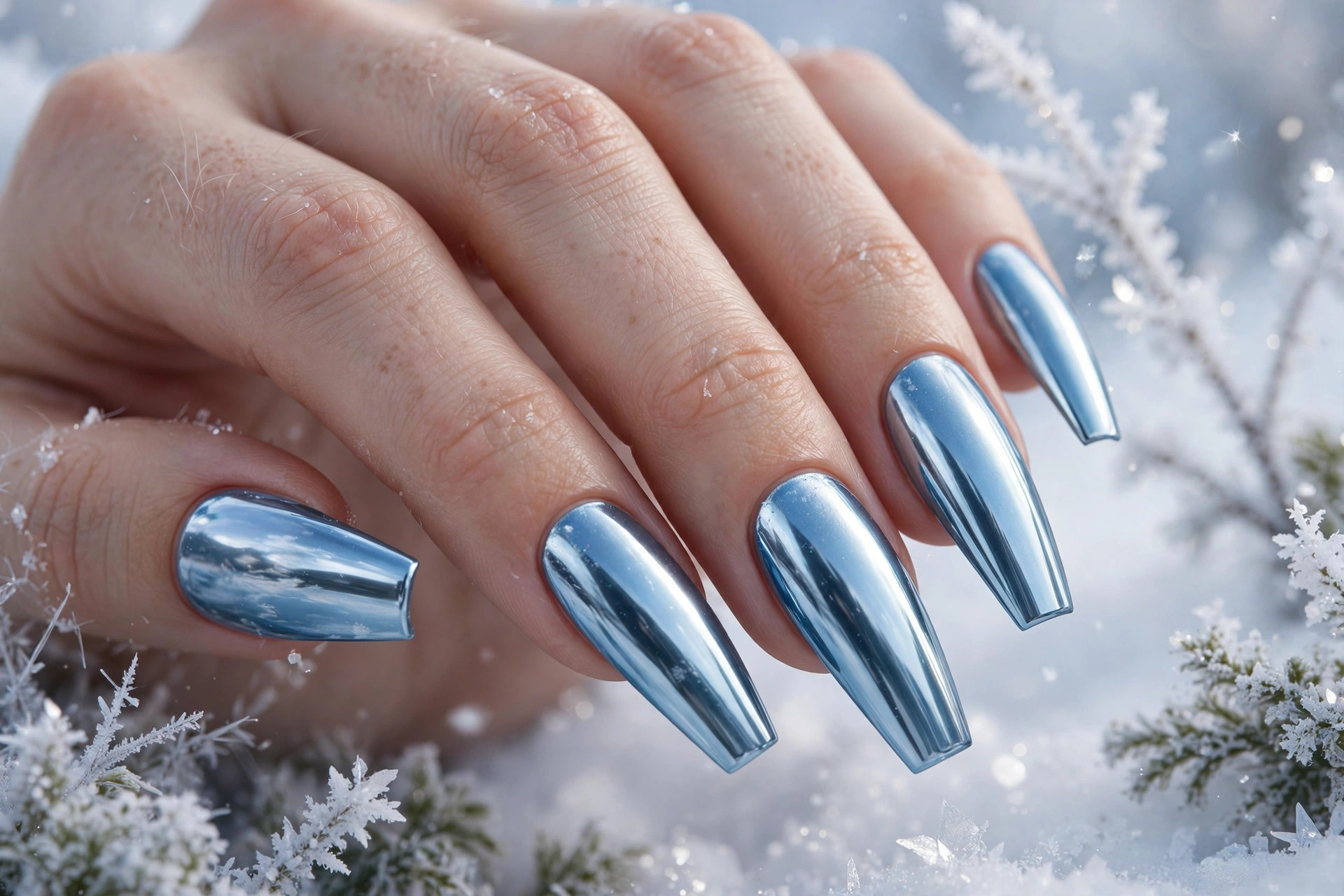 Mirror-shine icy blue chrome nails on long coffin shaped nails