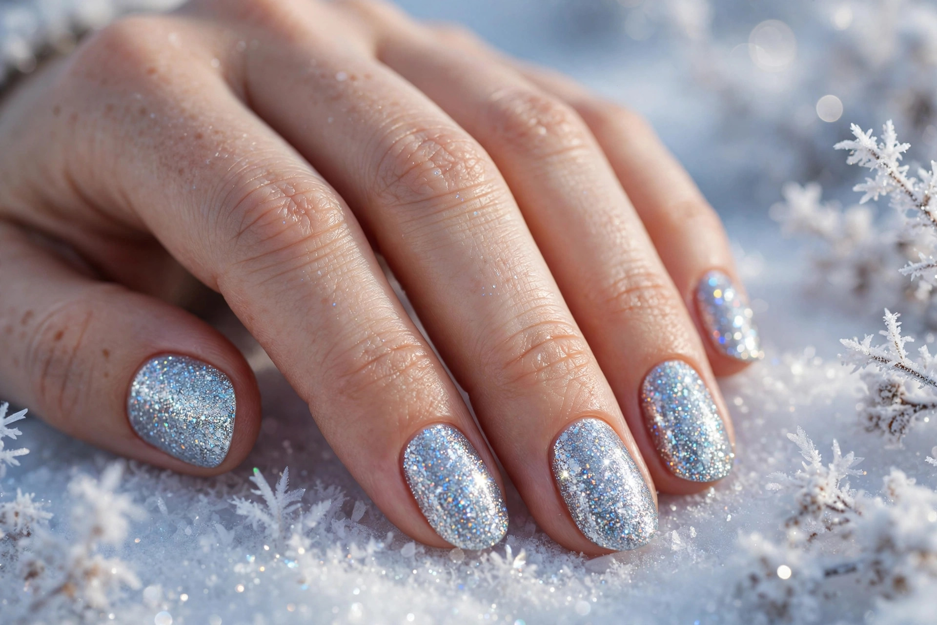 Full-cover silver glitter nails with holographic sparkle on short oval nails