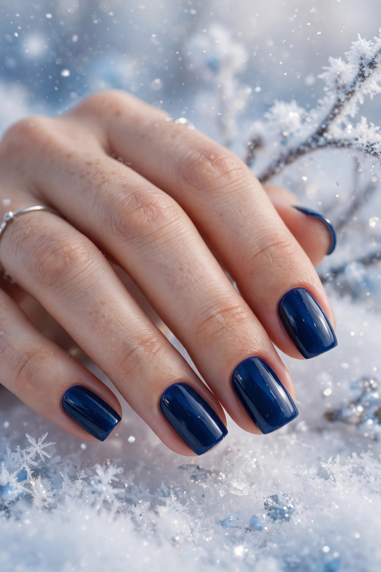 Deep sapphire blue glossy creme nails on medium square nails