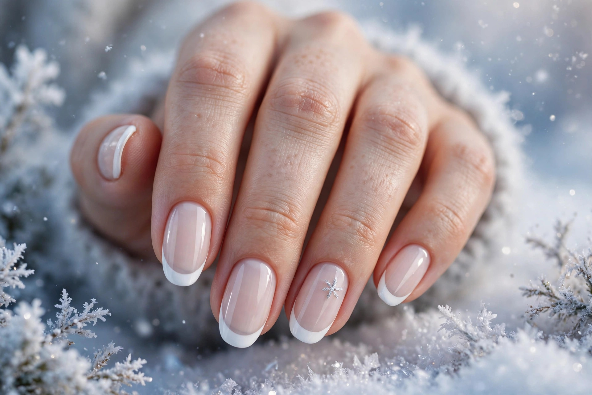White winter french manicure with snowflake accent on almond nails