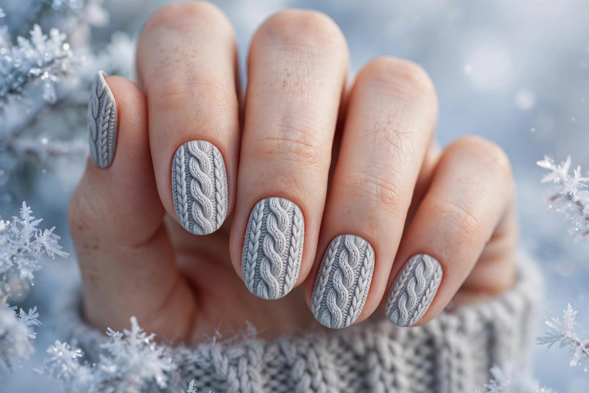 Cable-knit sweater texture nail art with raised knit pattern in dove grey