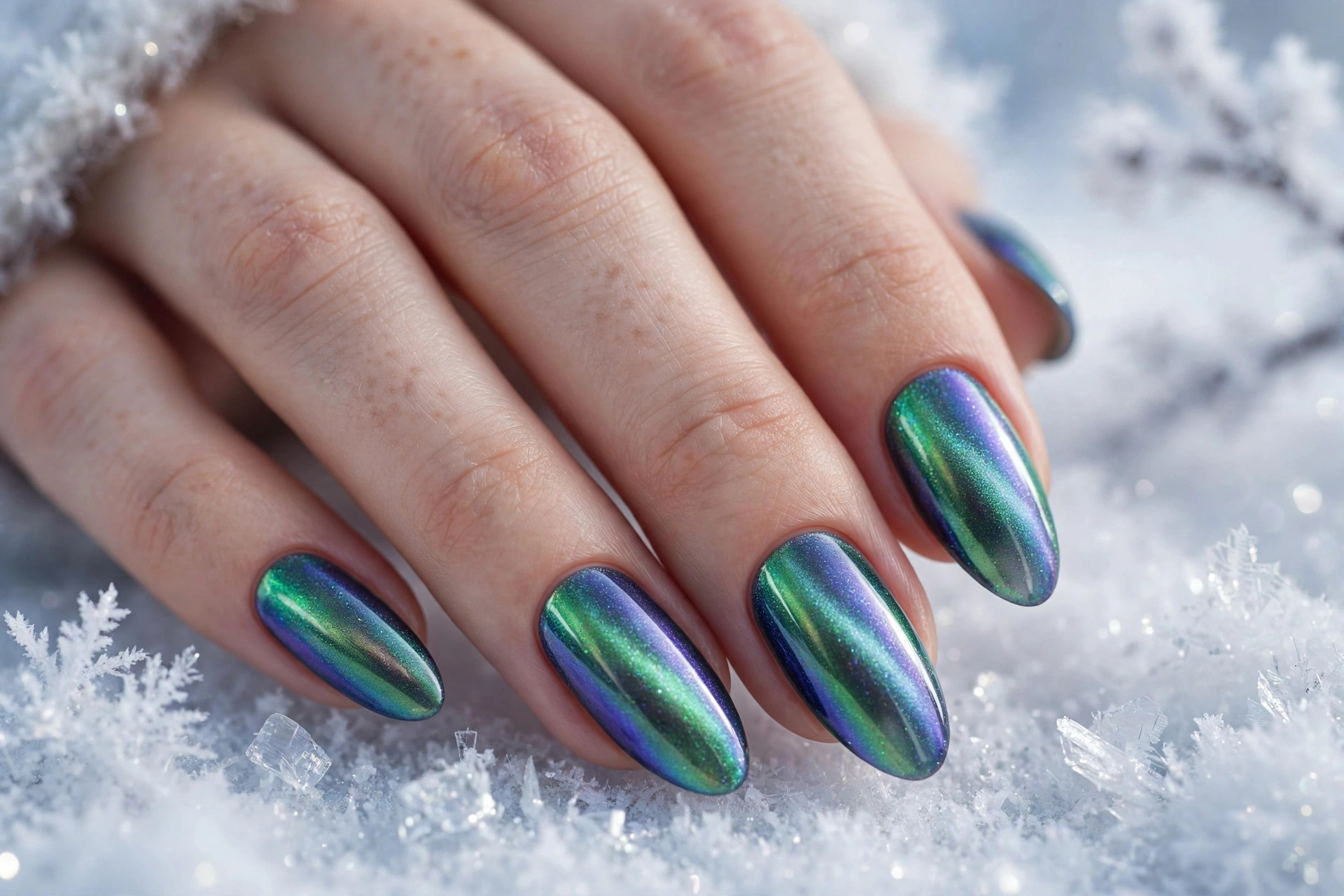Aurora borealis shimmer nails with iridescent green violet and blue magnetic shimmer