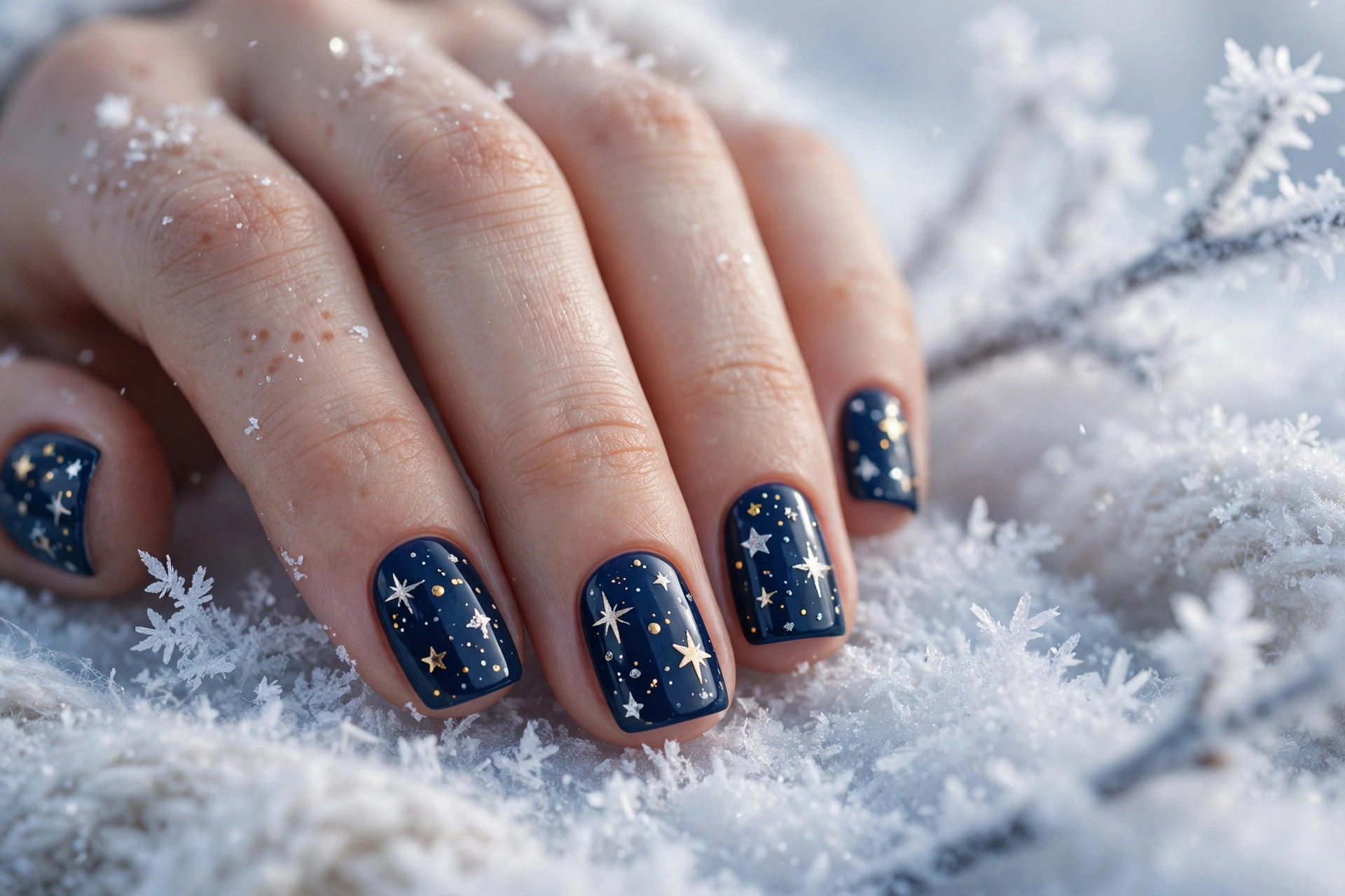 Midnight navy nails with tiny hand-painted gold and silver stars
