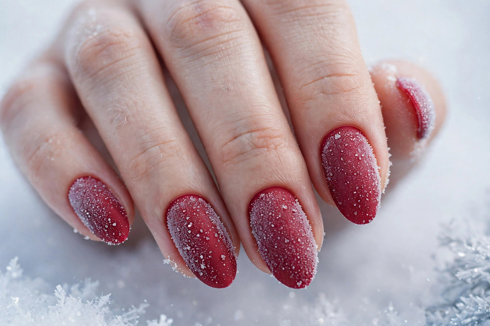 Frosted matte cranberry red nails with sugared texture on almond nails