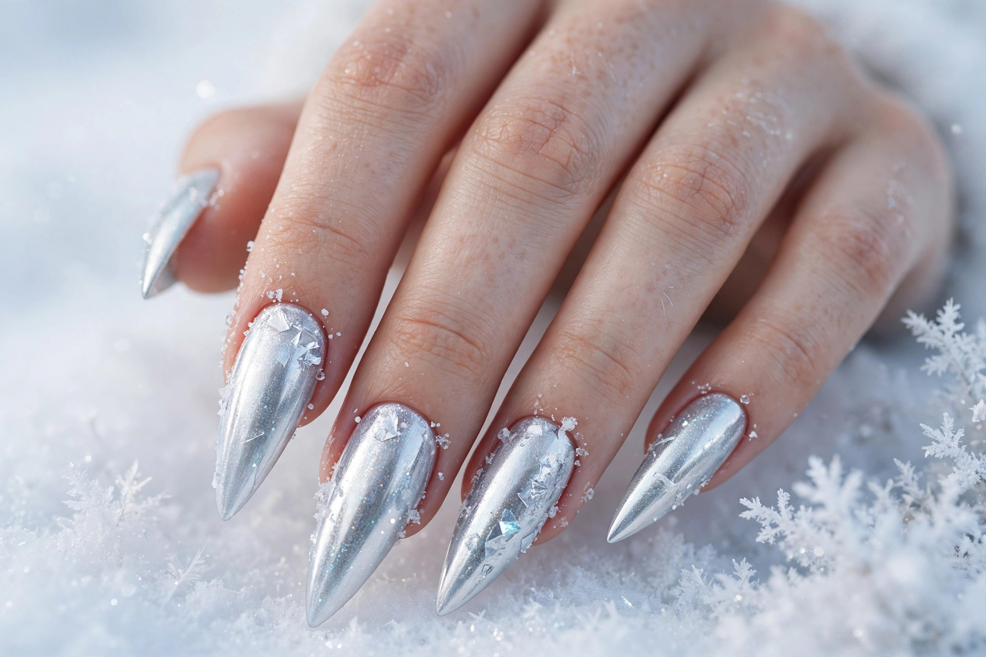 Pale ice-white chrome nails with frozen shimmer on long stiletto nails