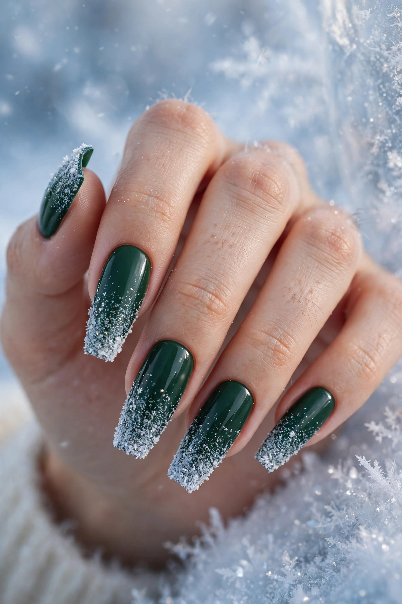 Deep pine green nails with snow-like white glitter gradient from the tips