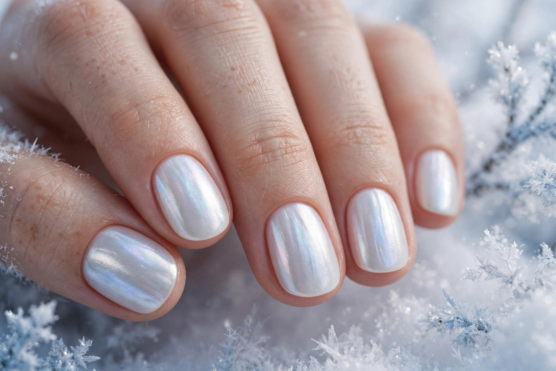 Luminous pearl white nails with soft iridescent glow on short round nails