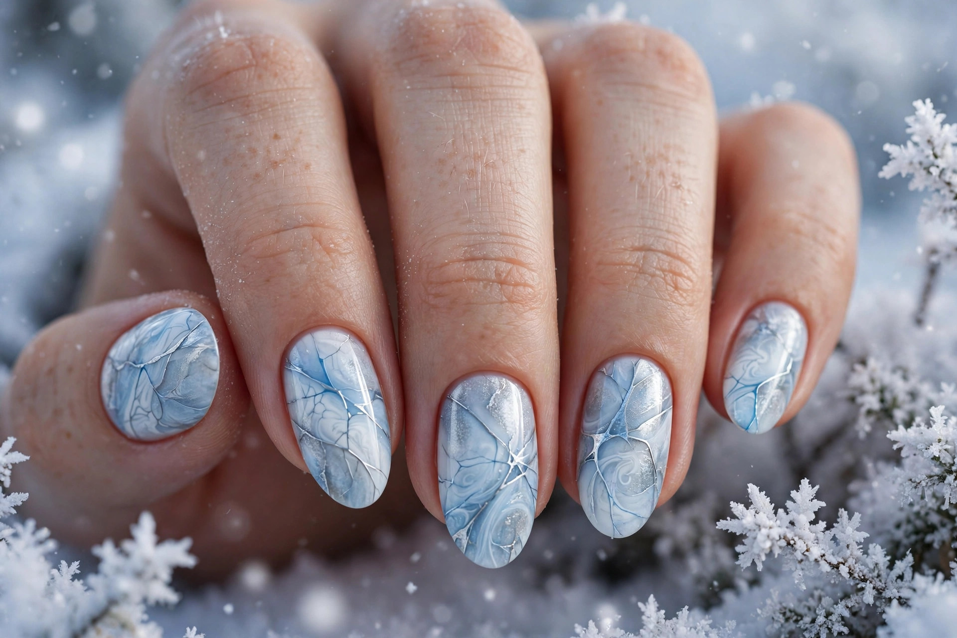 Frozen lake marble nail art with white and pale blue cracked ice swirls