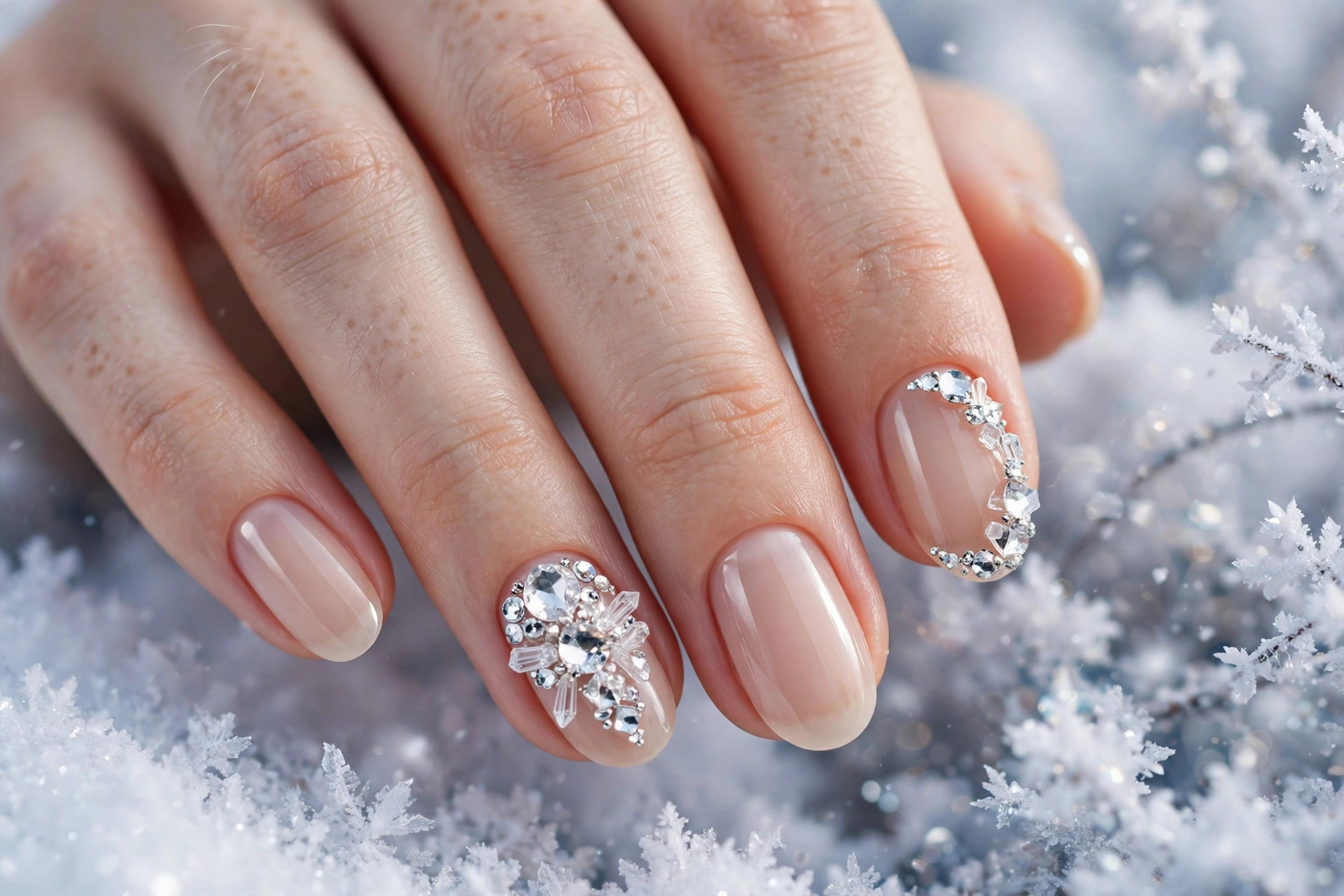Sheer nude nails with sparkling 3D crystal rhinestone accents