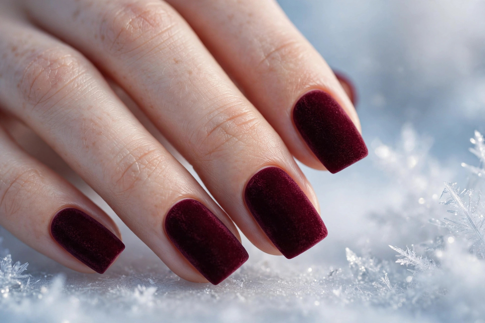 Deep burgundy velvet-matte nails with soft plush texture on square nails