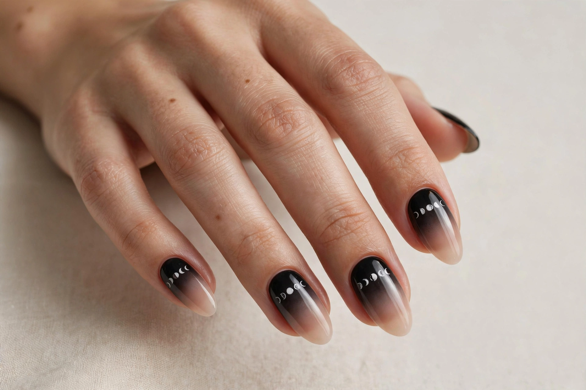 Black to nude ombre nails with a row of white moon phase symbols
