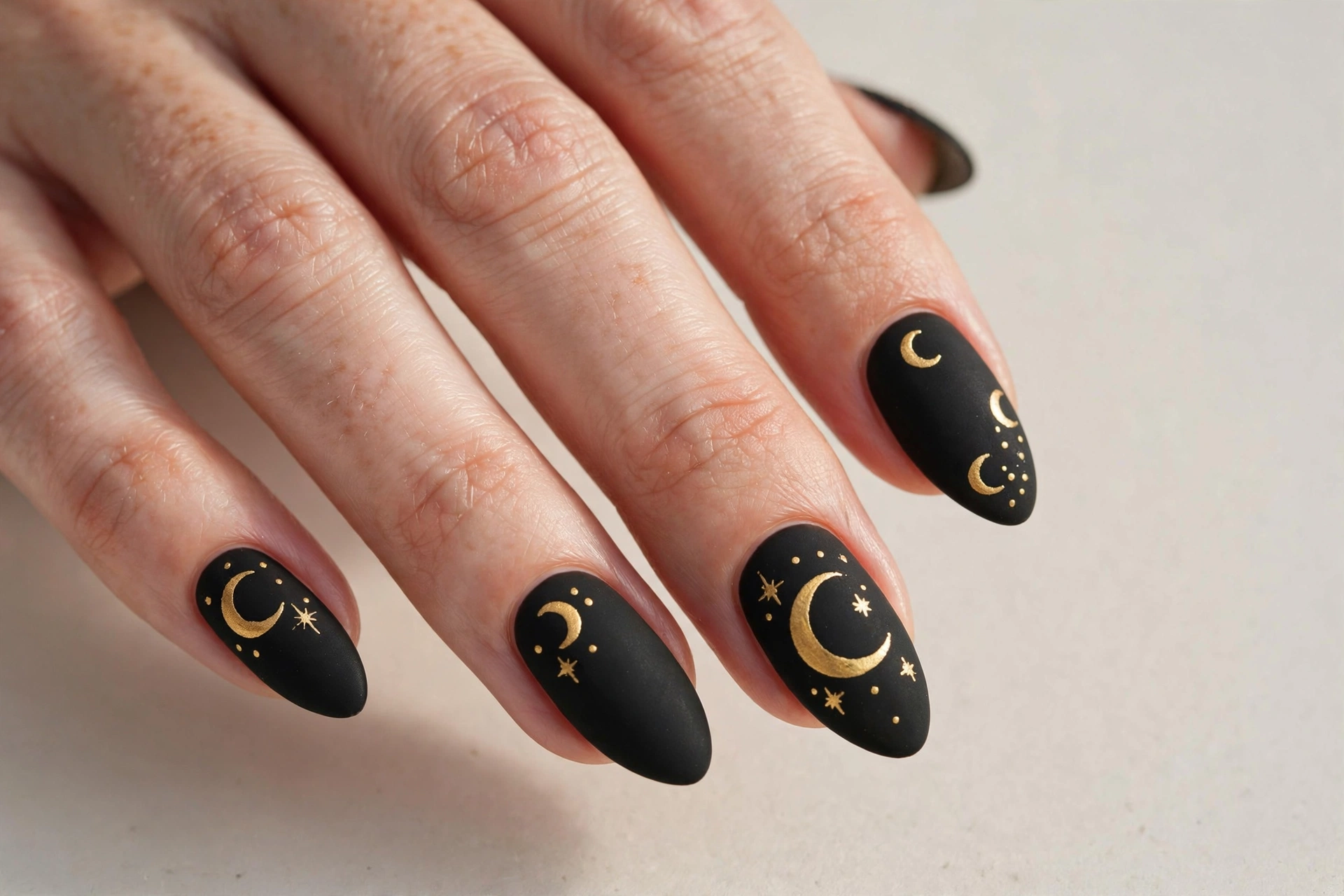 Matte black nails with hand-painted gold crescent moons and stars