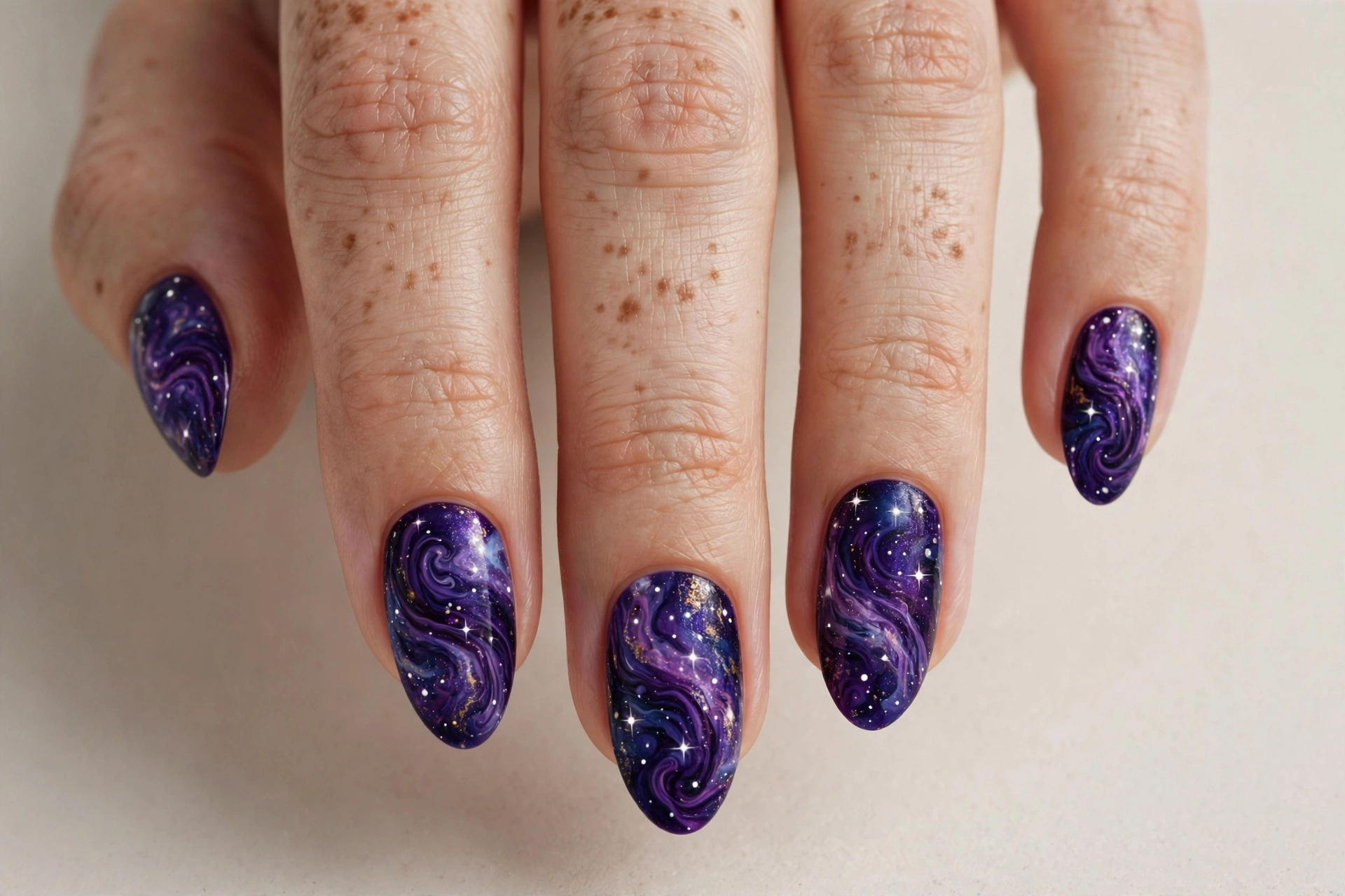 Deep purple galaxy swirl nails with tiny white stars