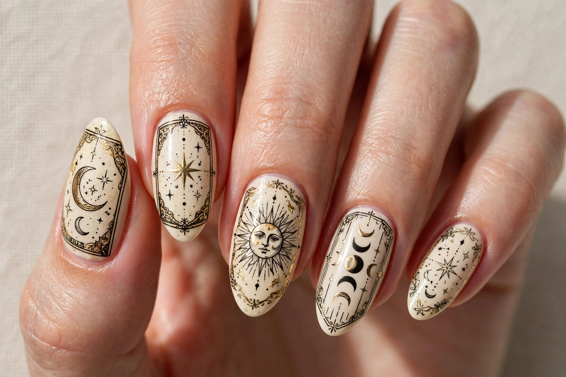 Cream nails painted like vintage tarot cards with gold moon and star symbols