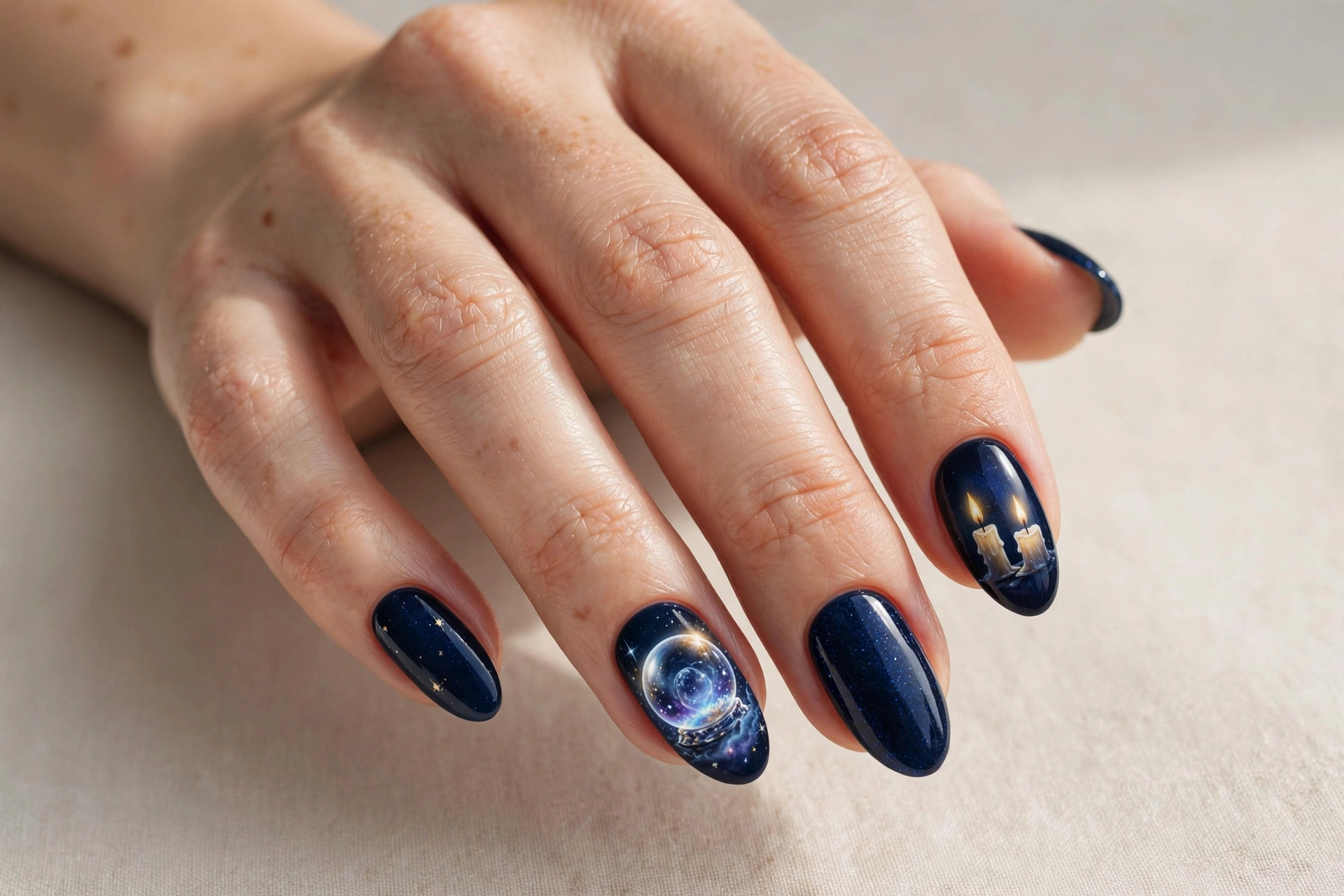 Midnight blue nails with a glowing crystal ball and small lit candles
