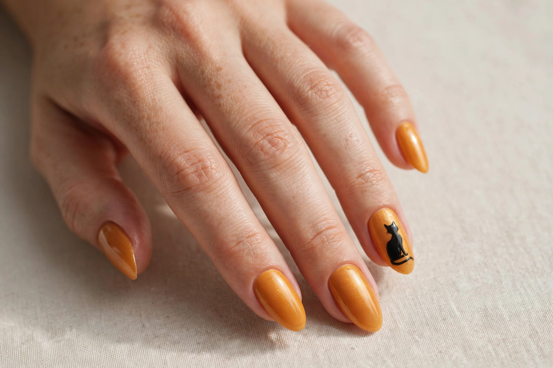 Golden orange nails with black cat silhouettes sitting on accent nails