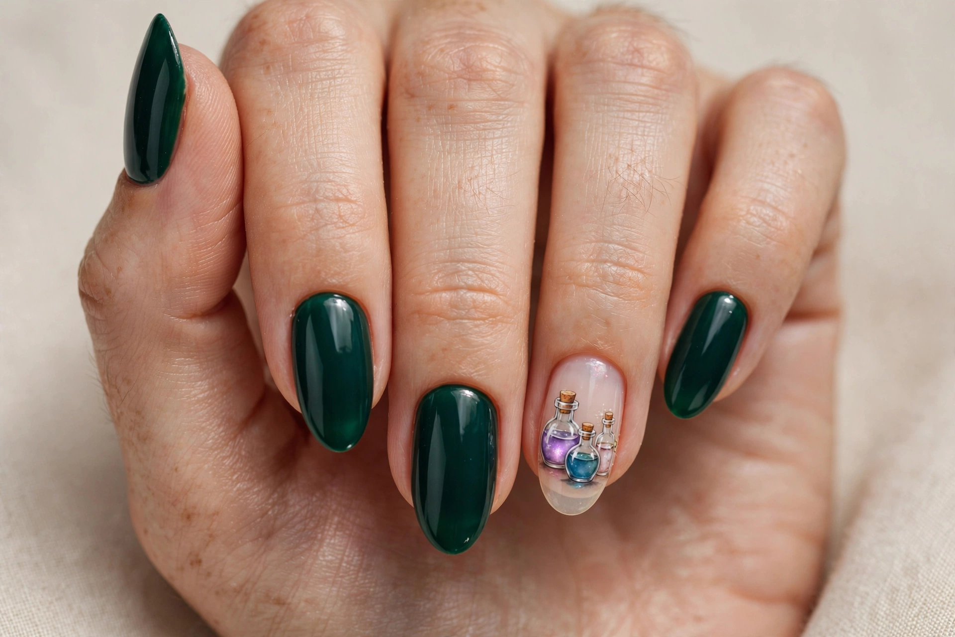 Emerald green nails with tiny hand-painted potion bottles in glassy colors