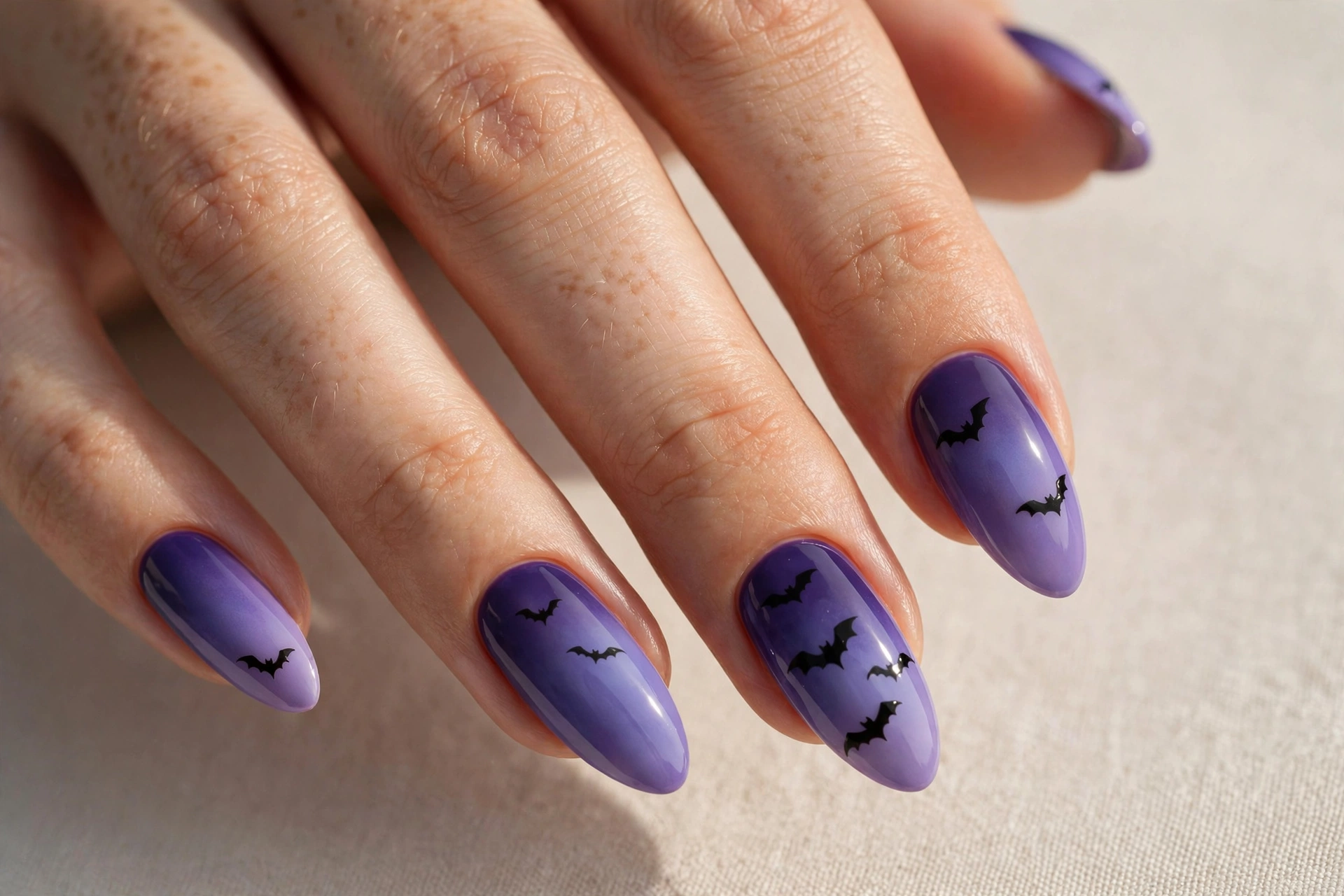 Twilight purple gradient nails with small black bat silhouettes